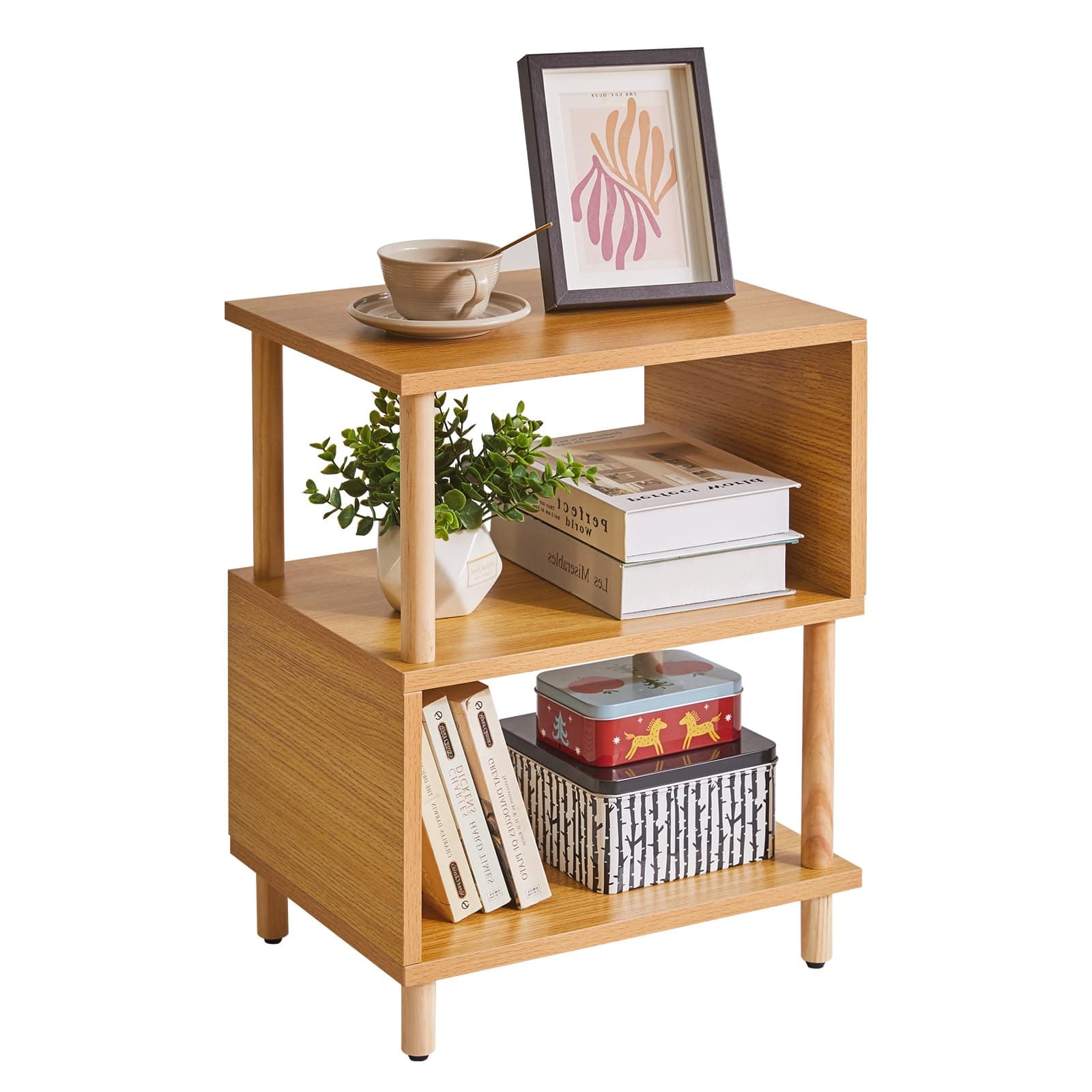 Wooden Night Stand with Open Shelf - 3-Tier, S-Shaped Bedside Table, 20” Natural Wood YD-TM152N