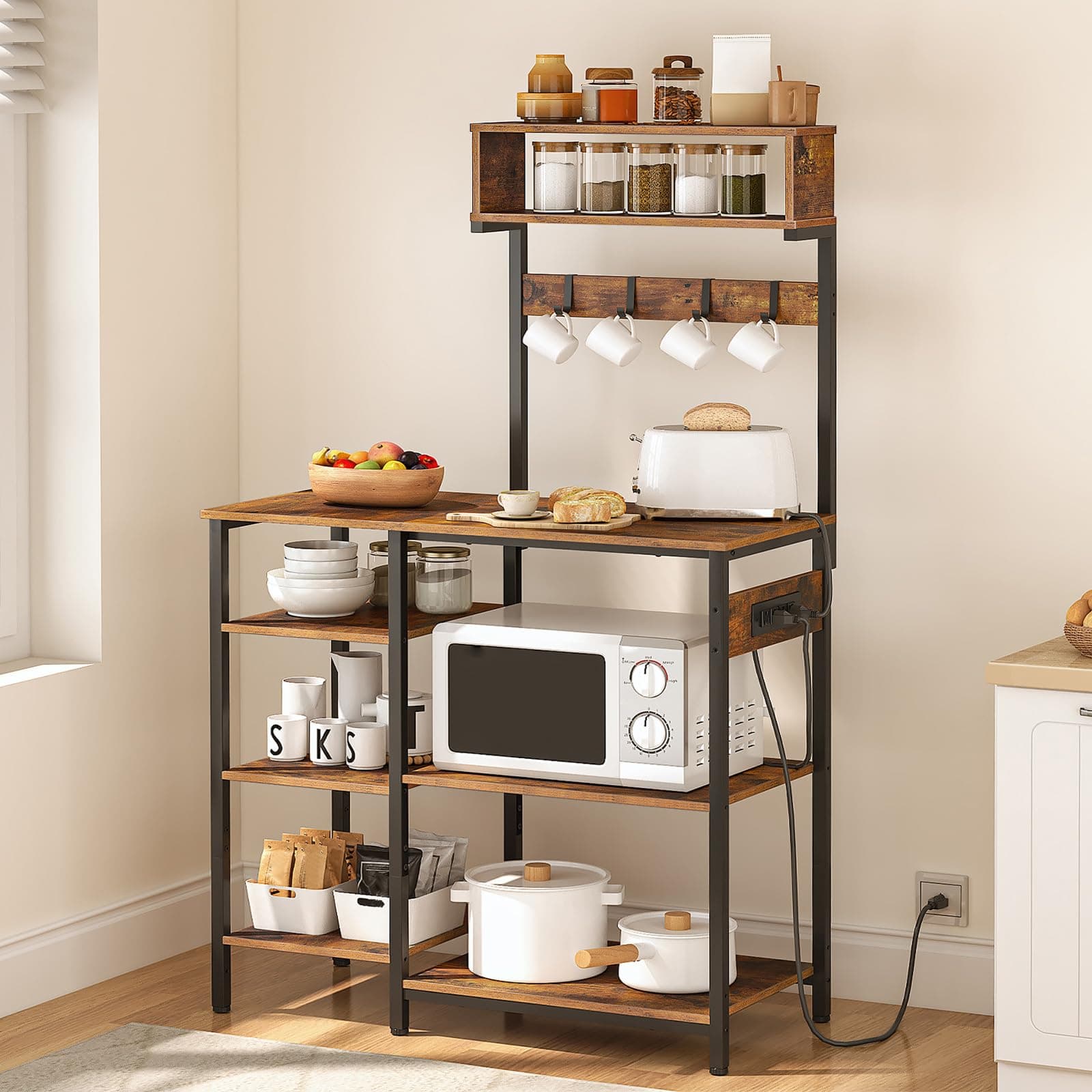 HOOBRO 35.4 Inch Bakers Rack with Power Outlet & 6 Tiers Storage, Rustic Brown & Black