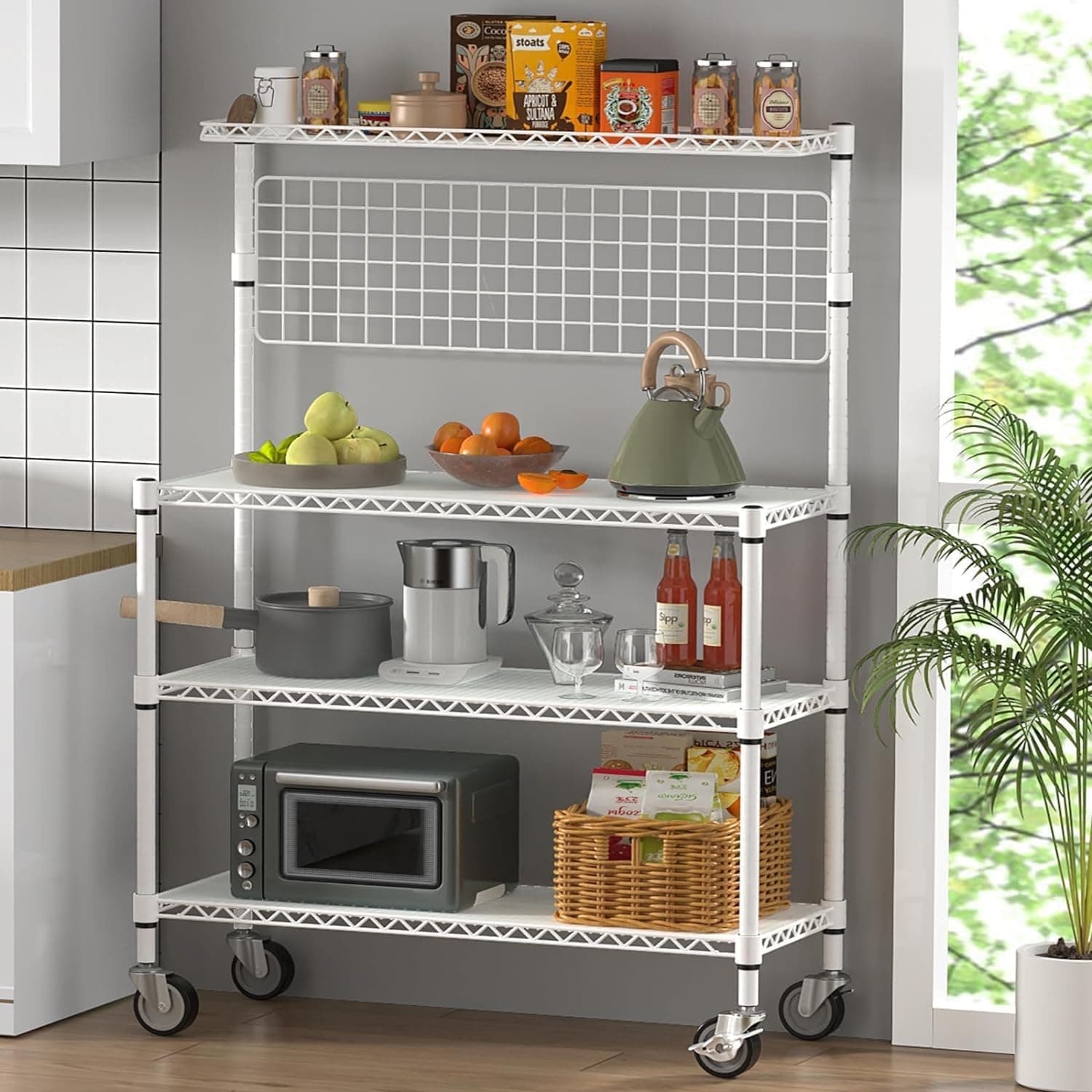 Leteuke 42-Inch 4-Tier Microwave Stand with Storage & Wheels, White
