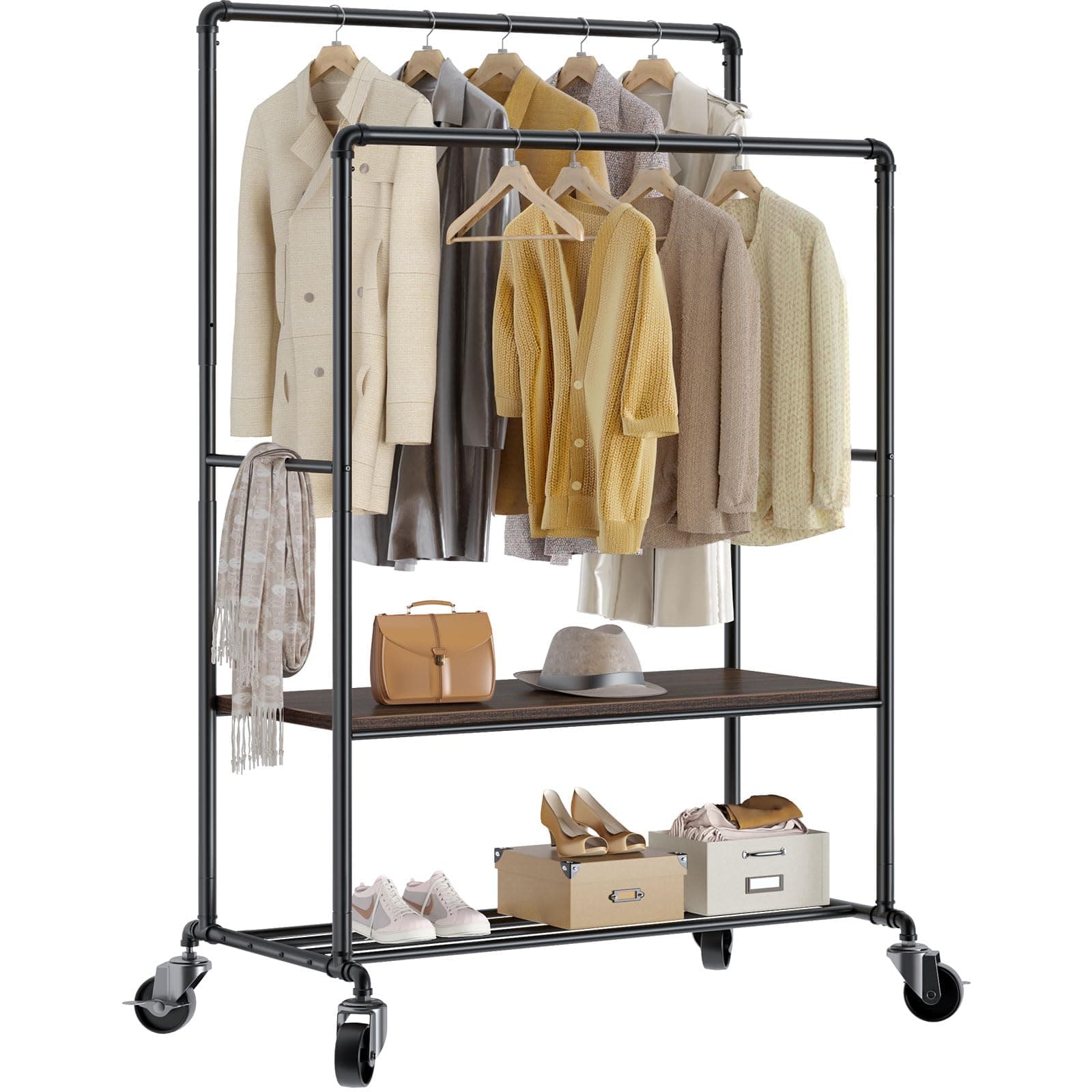 GREENSTELL 39 Inch Sturdy Garment Rack with Double Rods & Shelves (400lb, 62-72 Inch Adjust)