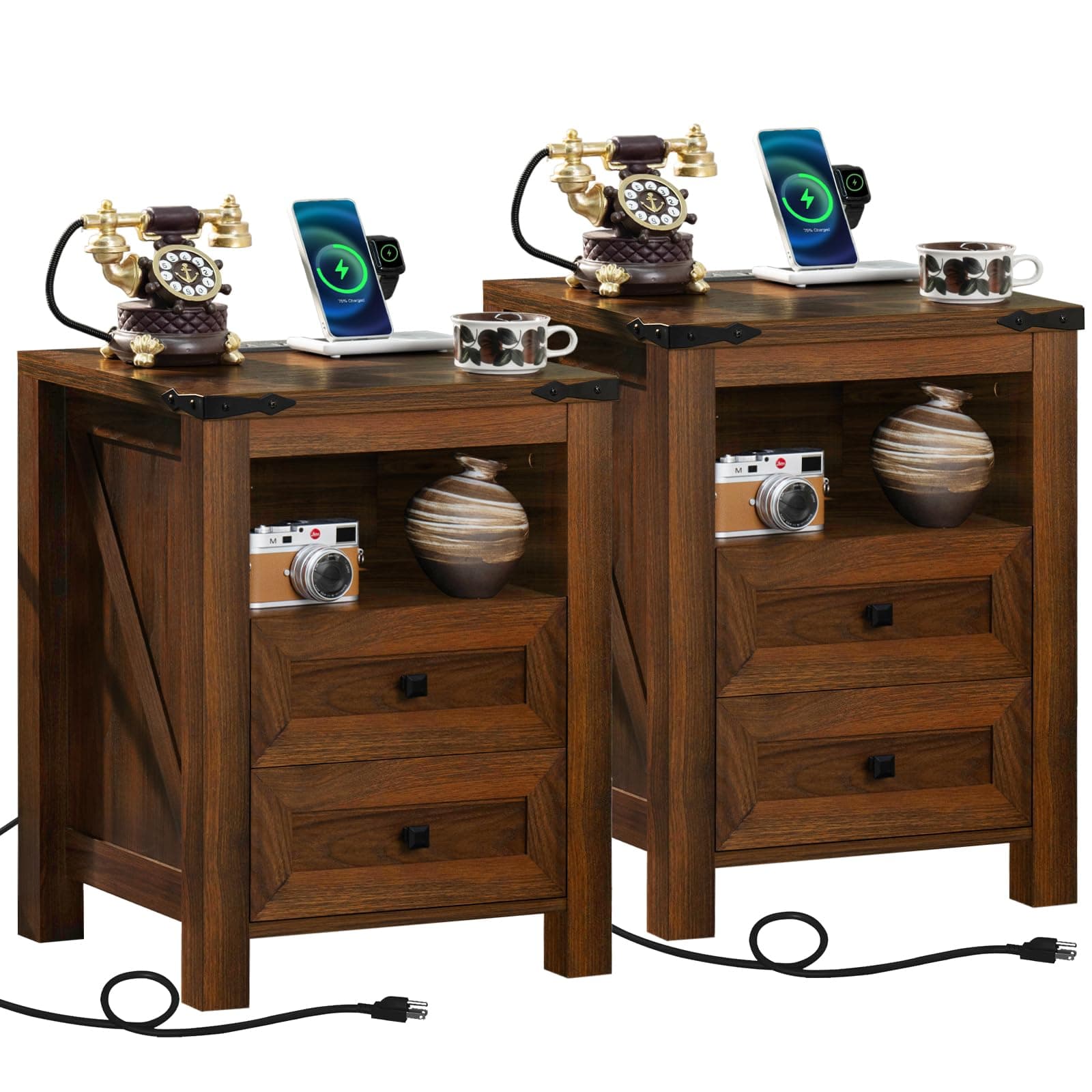 Rustic Brown Nightstands Set of 2 with Charging Station & Drawers