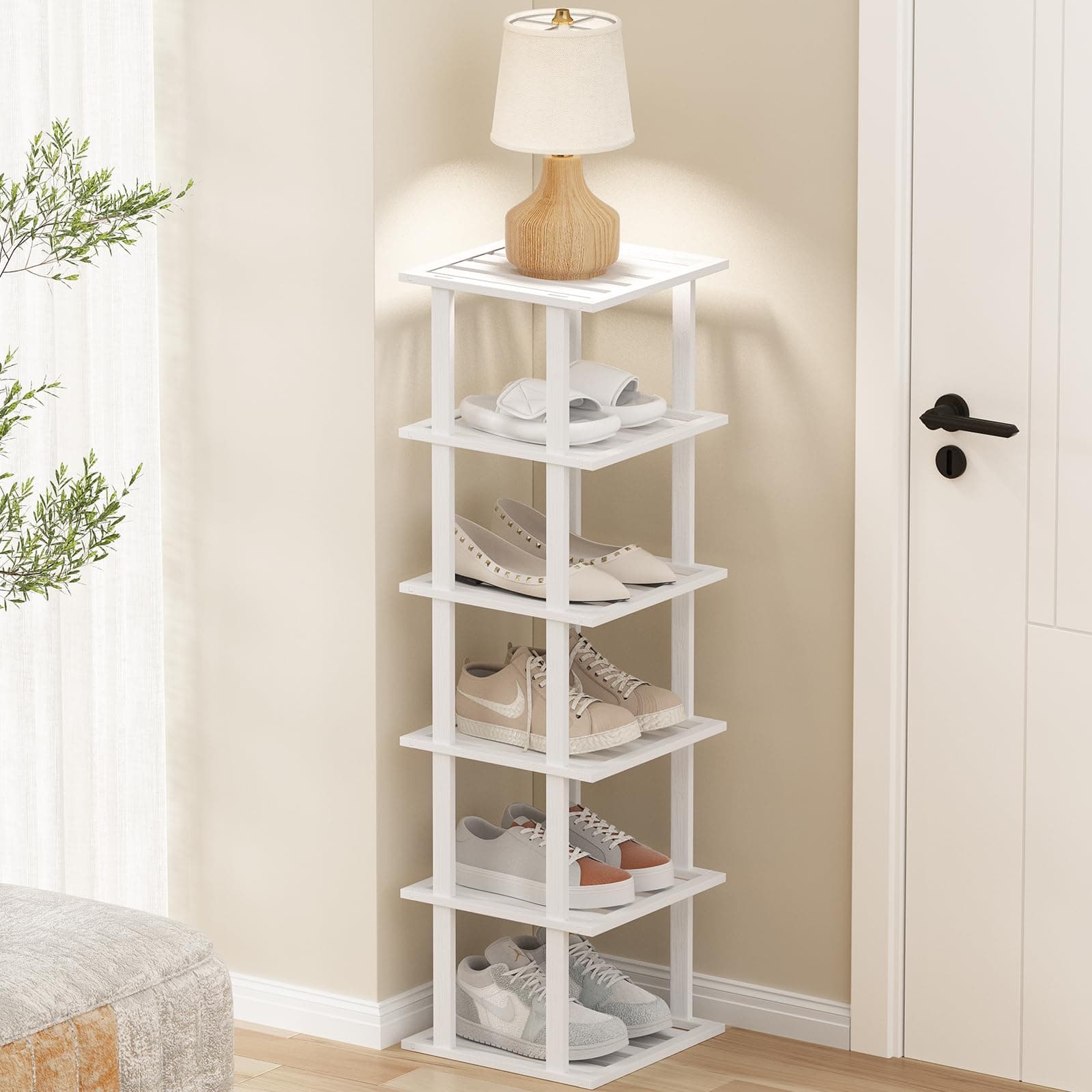 Slim White Bamboo 6-Tier Shoe Rack for Small Spaces Closet Storage