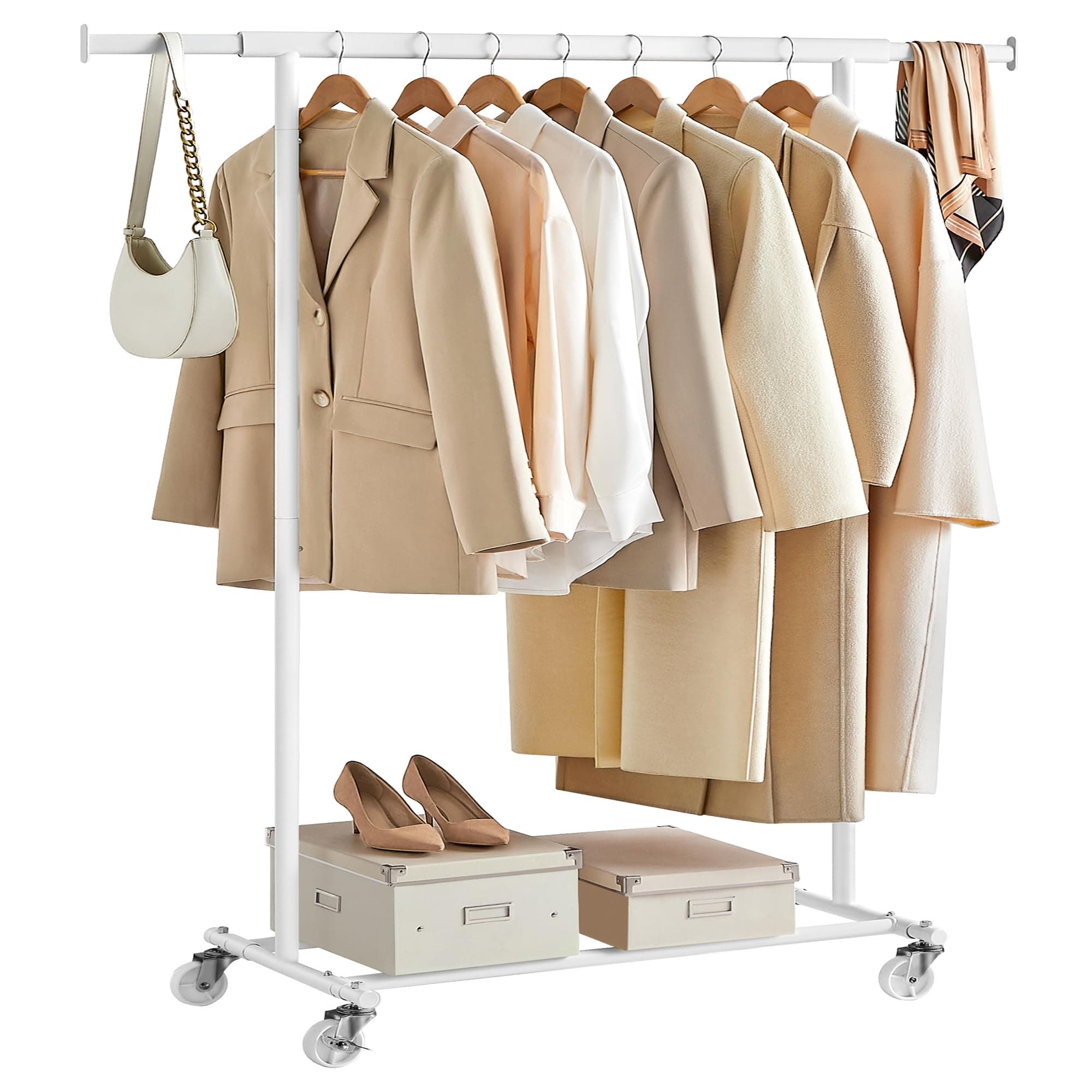 SONGMICS Portable Heavy-Duty Clothing Rack with Extendable Rail, 220 lb Load Capacity, White