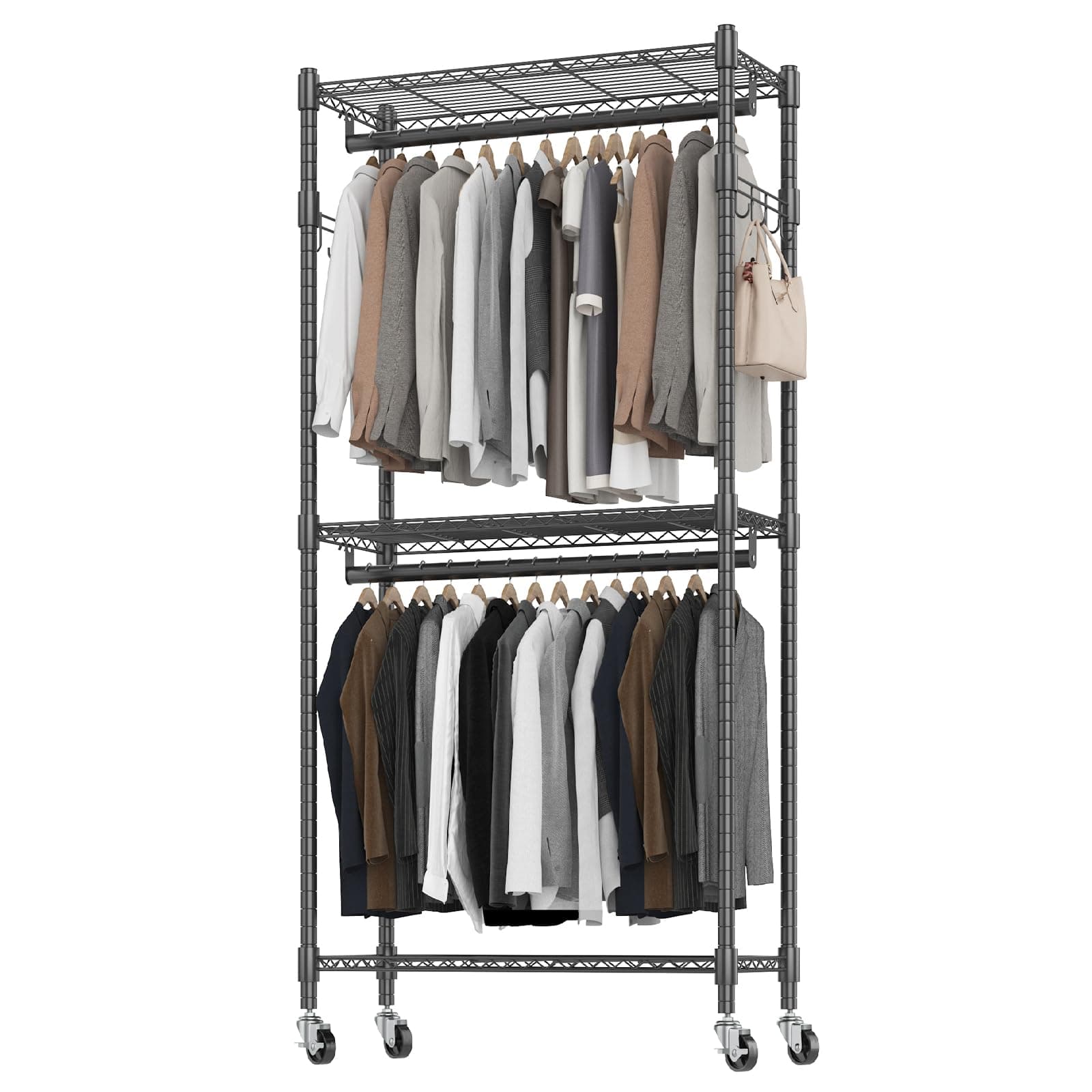 BATHWA Narrow 2-Tier Garment Rack for Saving Space, Portable with Wheels & Double Rods