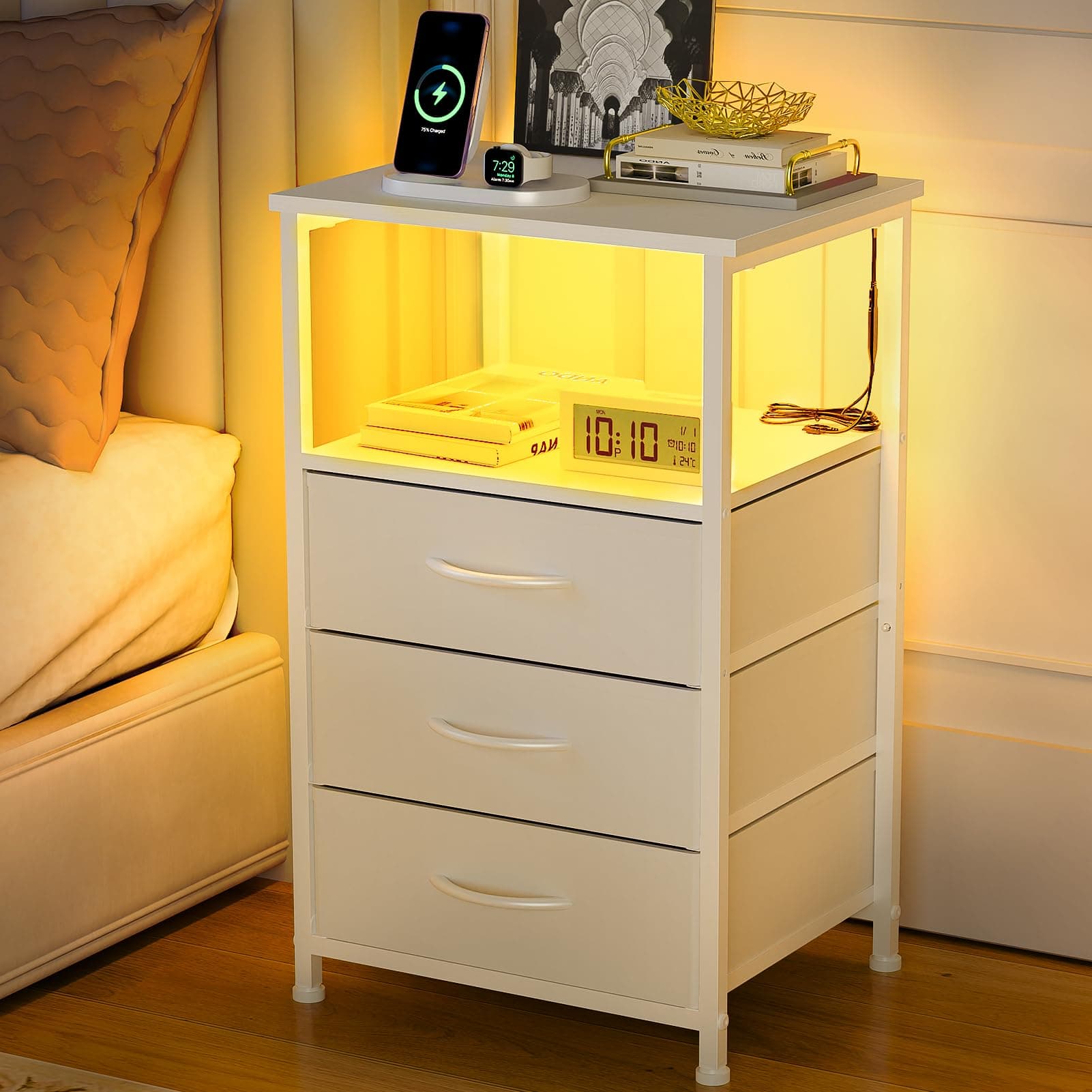 White Nightstand with LED Light, 3 Fabric Drawers for Small Spaces