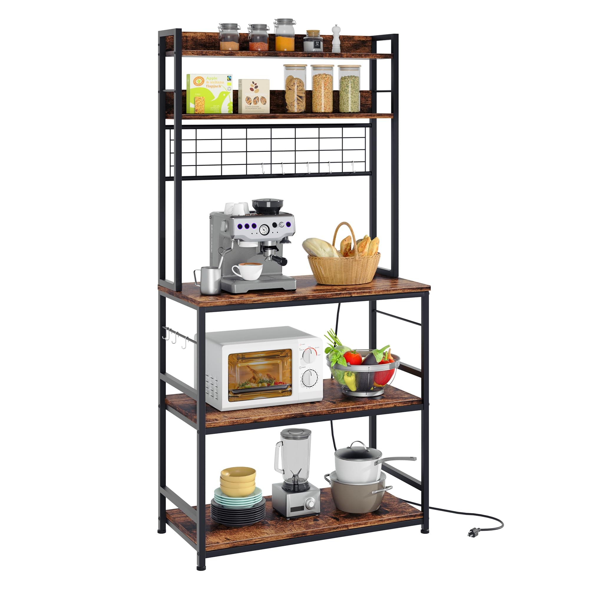 ShintenchiMetal Bakers Rack, 10 Hooks, Power Outlet, Large Storage