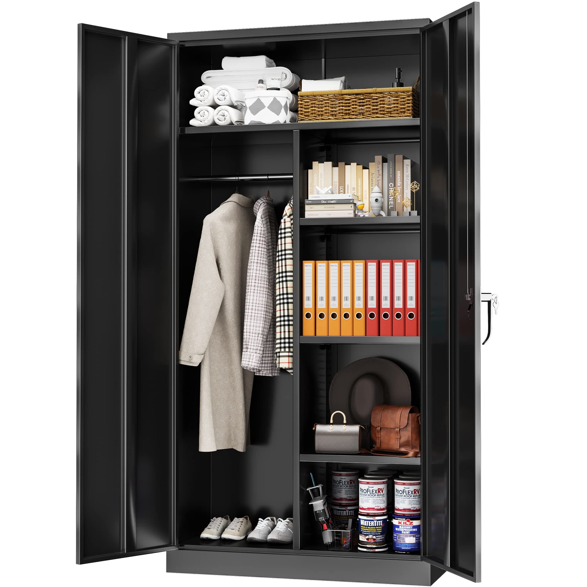 Black Greenvelly Metal Storage Wardrobe Cabinett with Doors, Hanging Rod, 72" Steel Closet for Home Office School