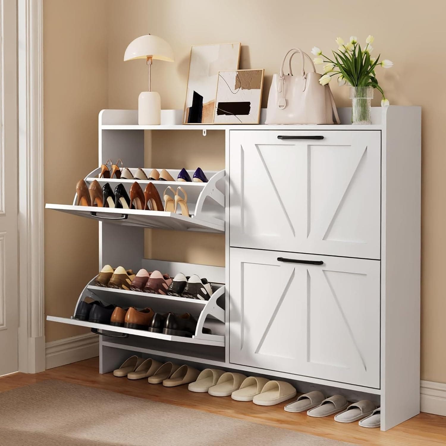 Freestanding Black Metal Handle Shoe Cabinet with 4 Flip Drawers, White & Wood Legs for Entryway