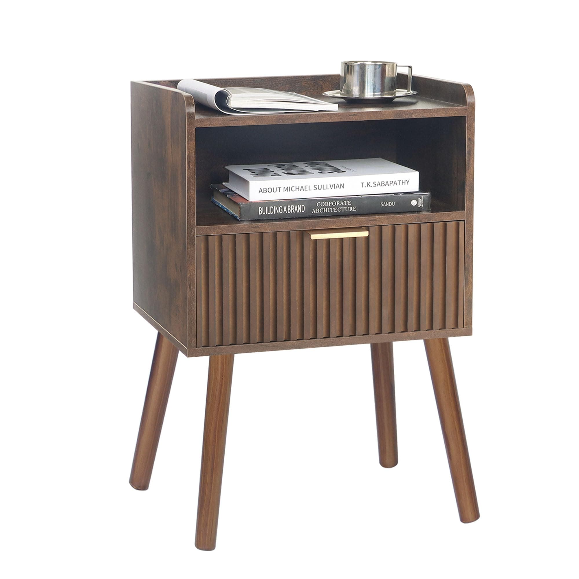 AWASEN Mid Century Modern Nightstand, Fluted Drawers, Rustic Brown for Living Room & Bedroom