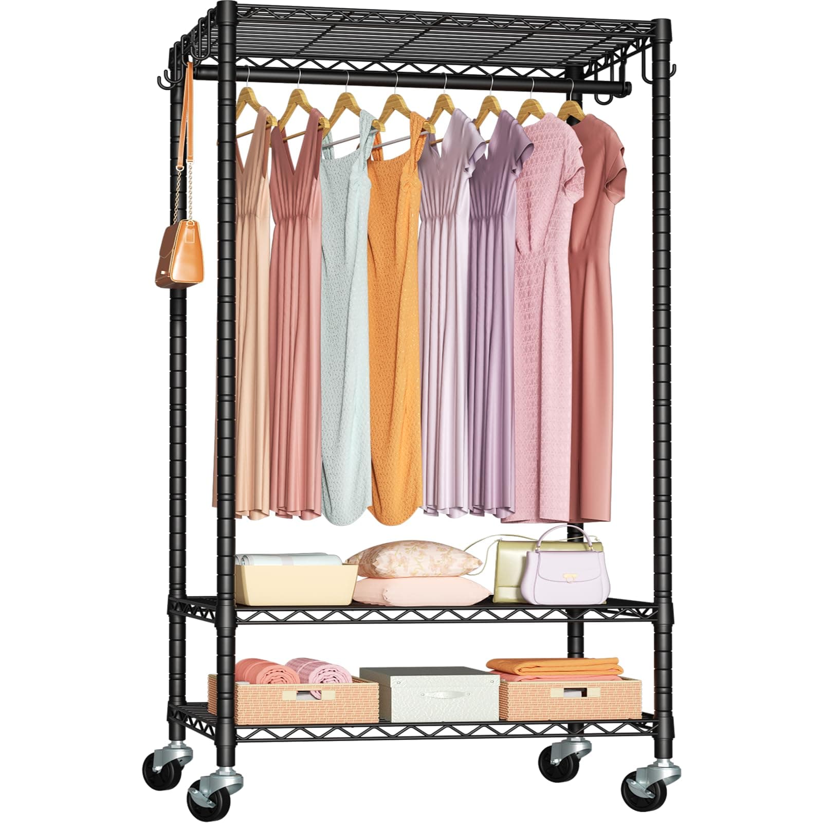 Heavy Duty P6 Rolling Clothes Rack, Max 380 LBS, Portable Closet Rack, Black