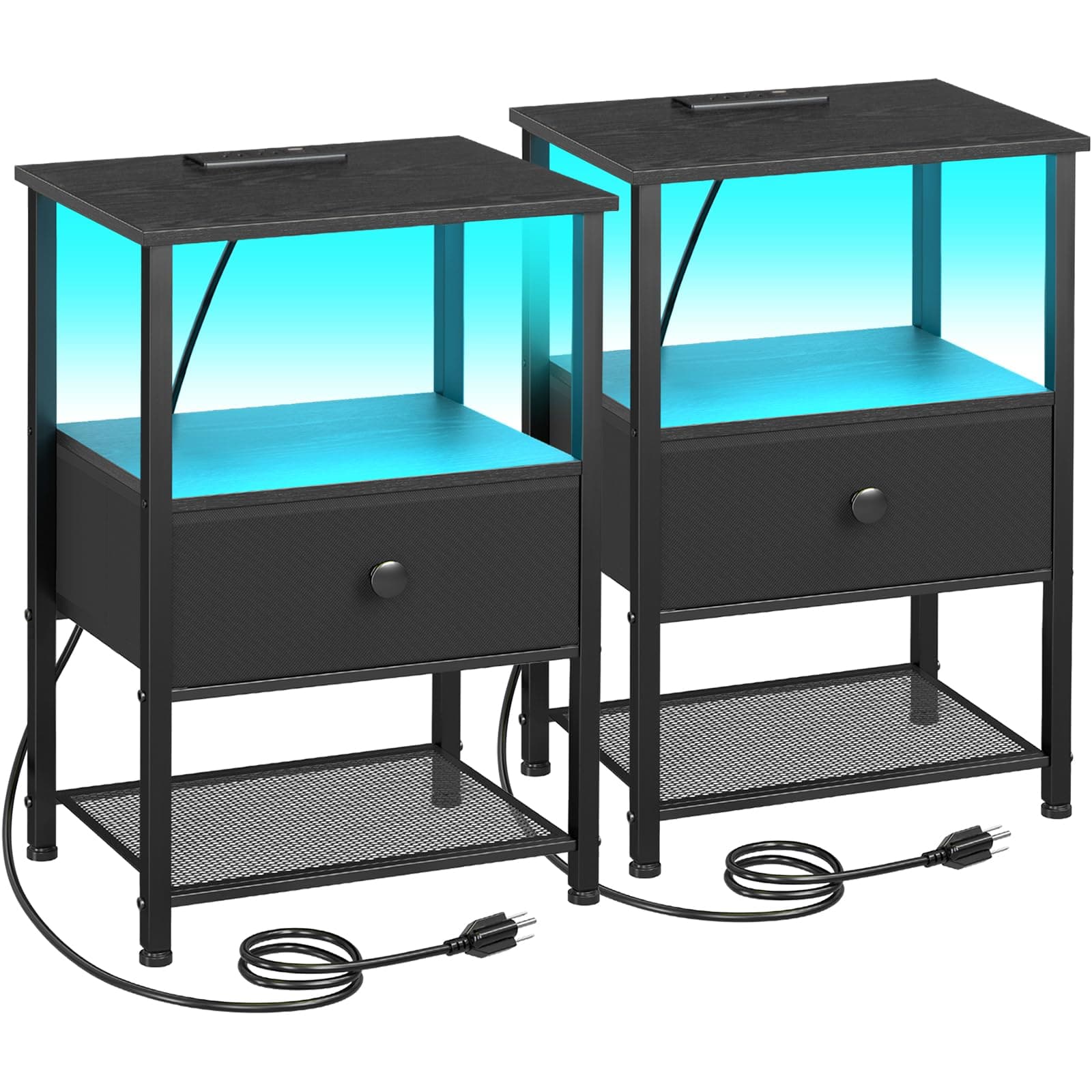 HETS01BK LED Nightstand with Charging Station & Fabric Drawer