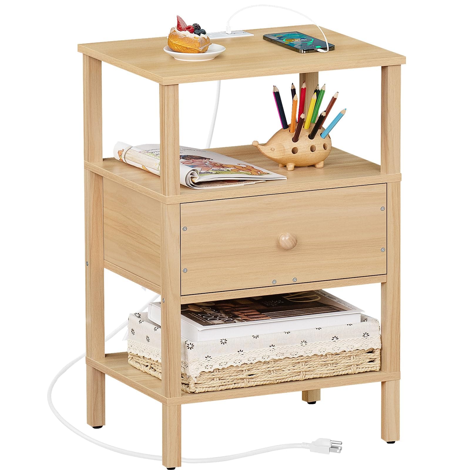 Lerliuo 3-Tier Nightstand with Charging Station - Natural Wood