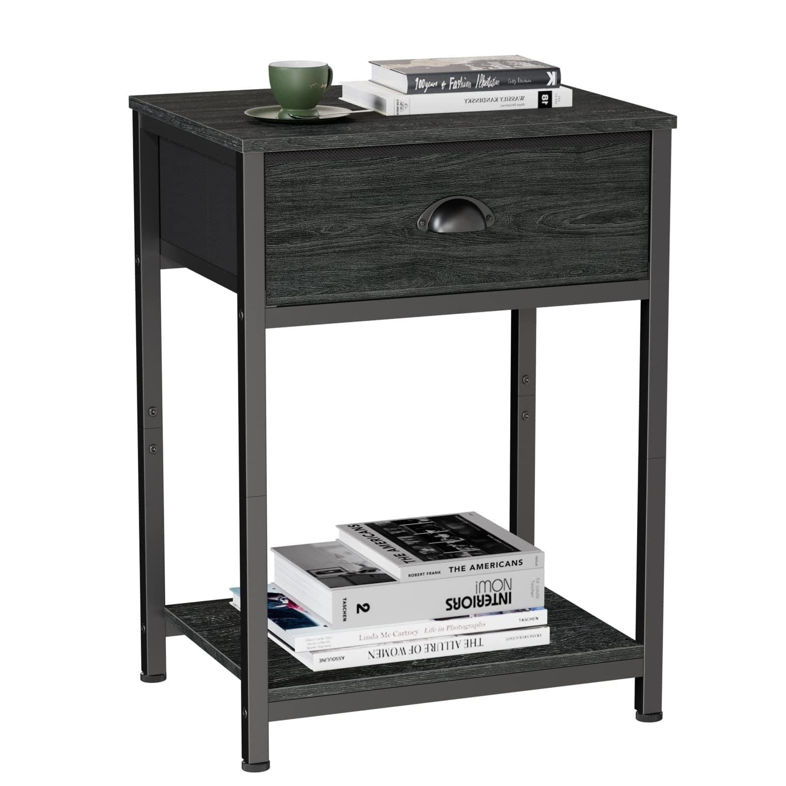 Furologee Black Oak Small Nightstand with Fabric Drawer & Storage Shelf