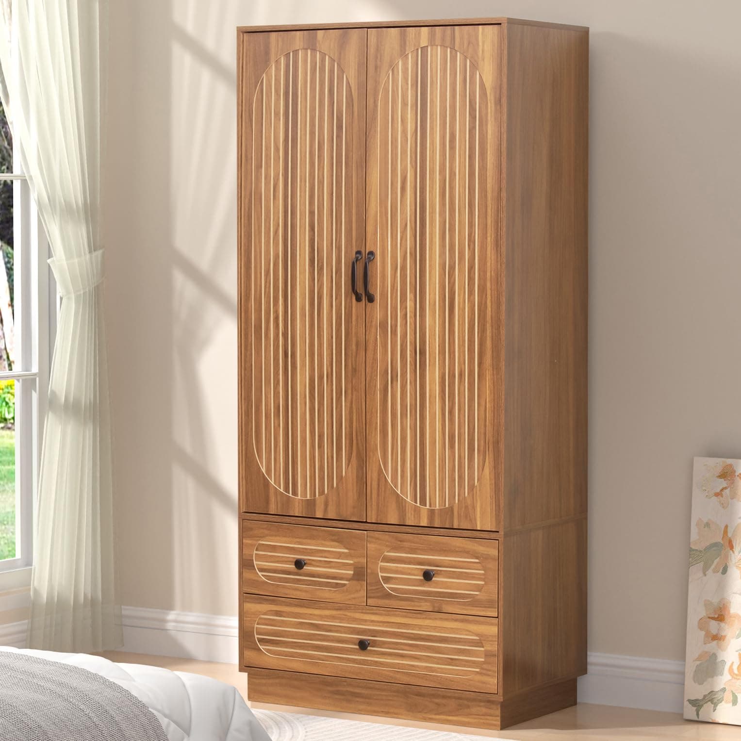 Mid-Century Modern Walnut Armoire Wardrobe with 3 Drawers and Hanging Rod