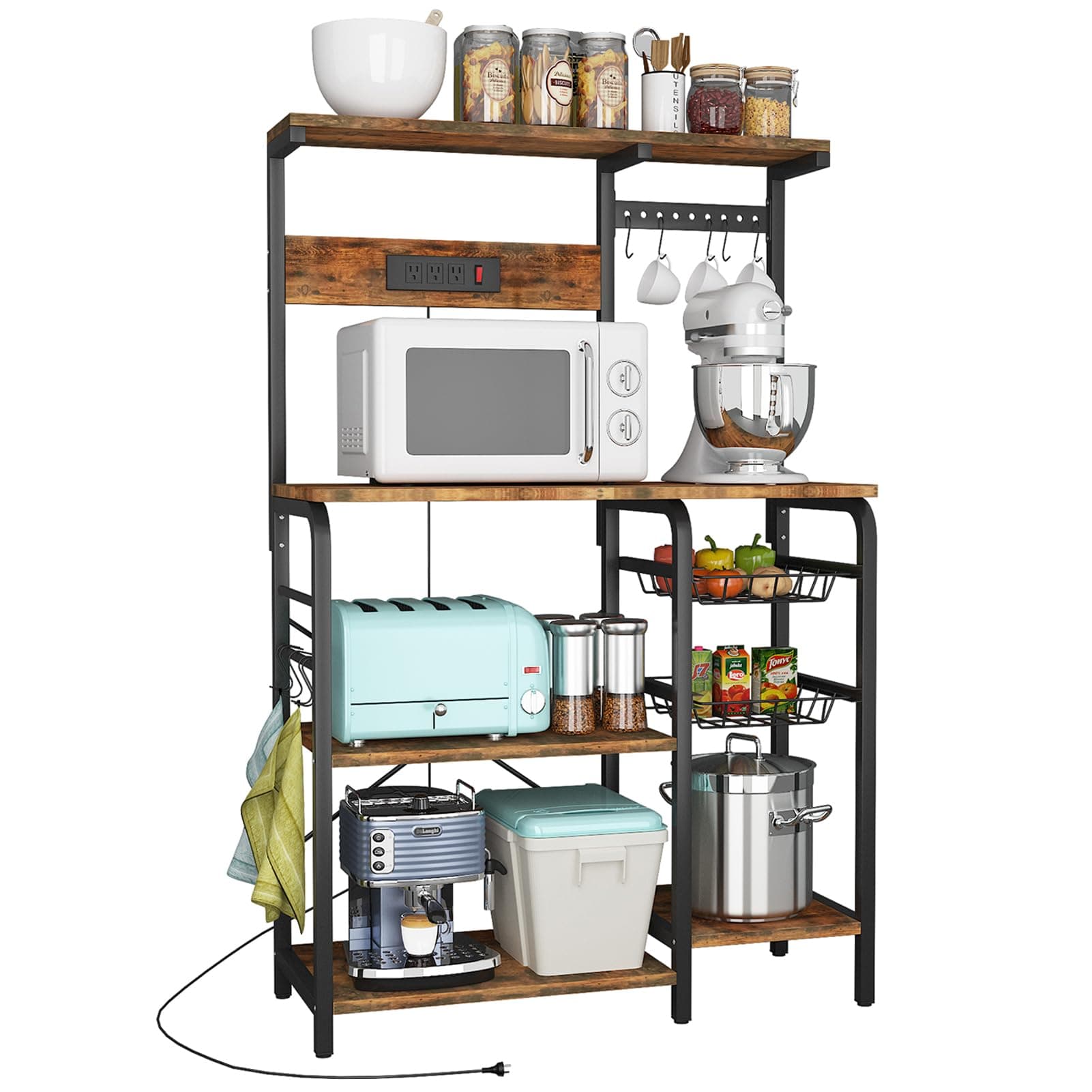 Kitchen Bakers Rack with Power Outlet and Storage