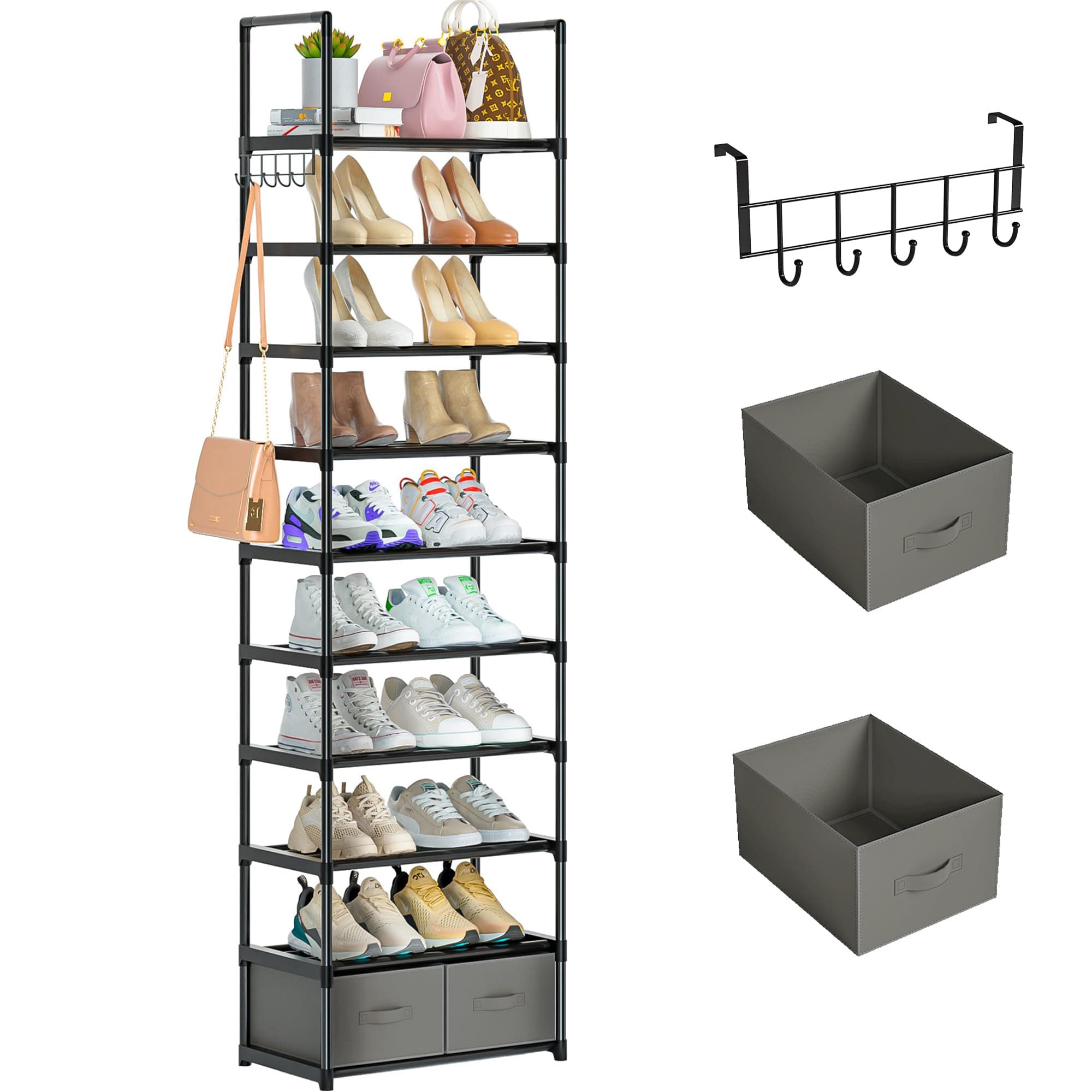 Narrow 10-Tier Shoe Rack, Sturdy Metal Stand, 20-25 Pair Storage for Closet