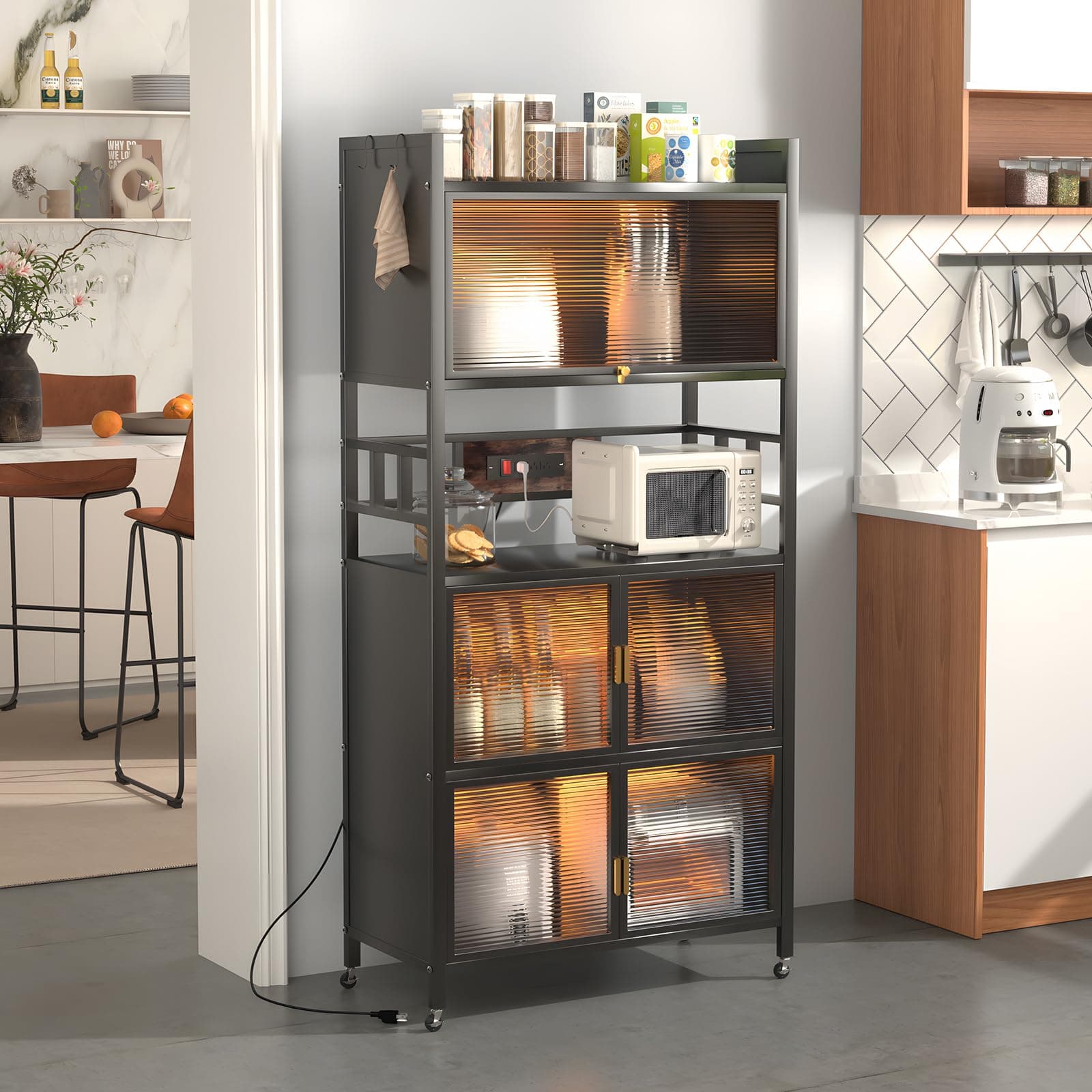 5-Tier Baker's Rack with Power Outlet & Hooks, Black
