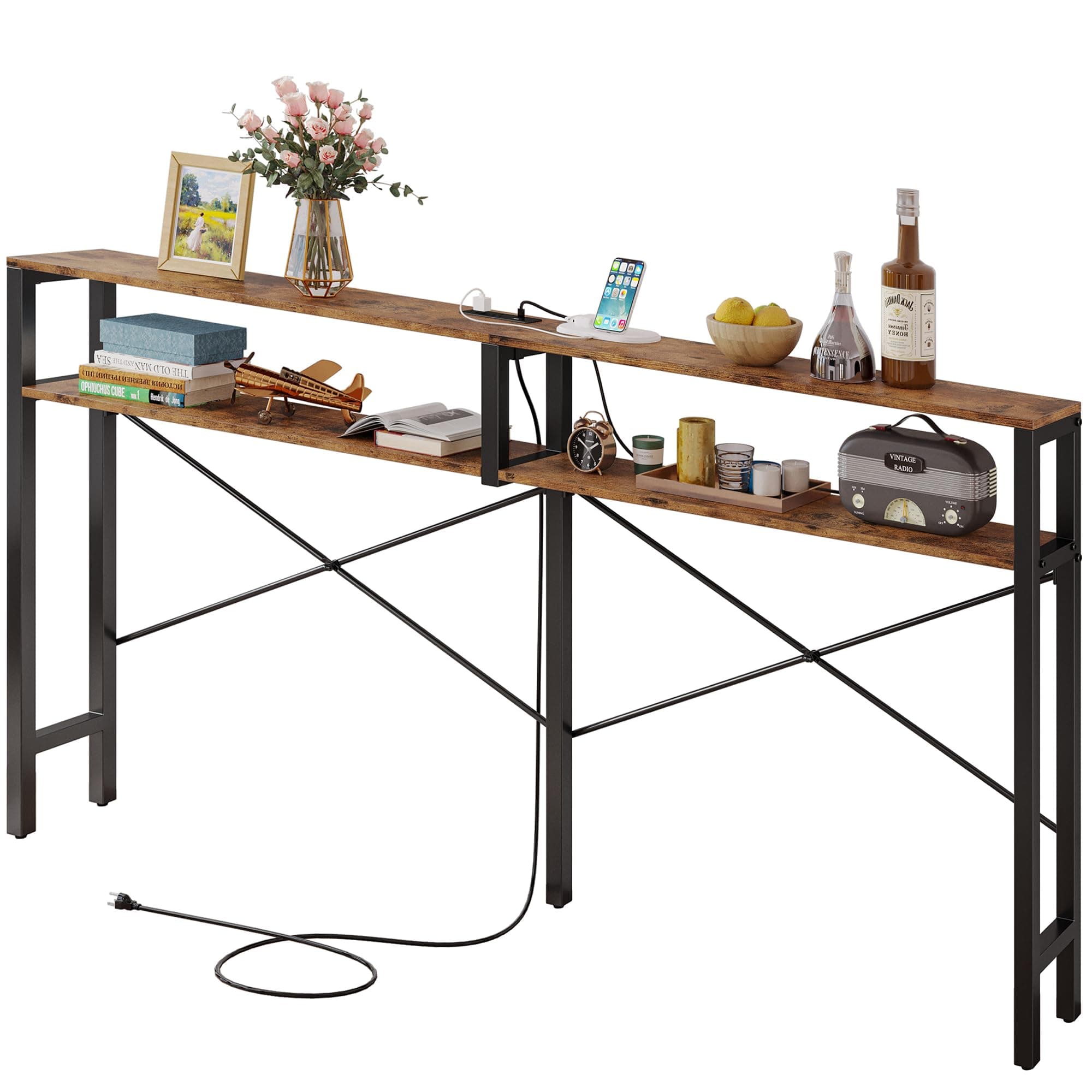 Vintage Brown IronCK Console Table with Power Outlet and Shelves