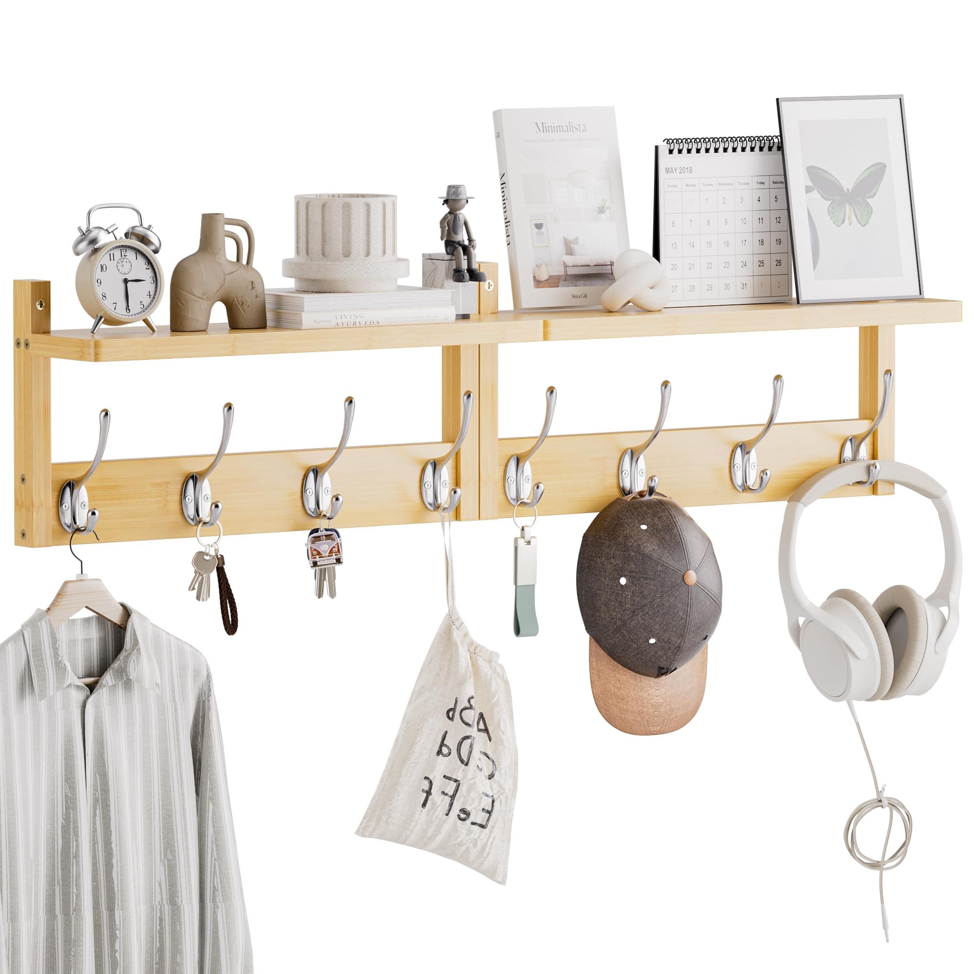 Bamboo Wall Mount Coat Rack with Shelf, 2 Pack, 8 Hooks (Natural)
