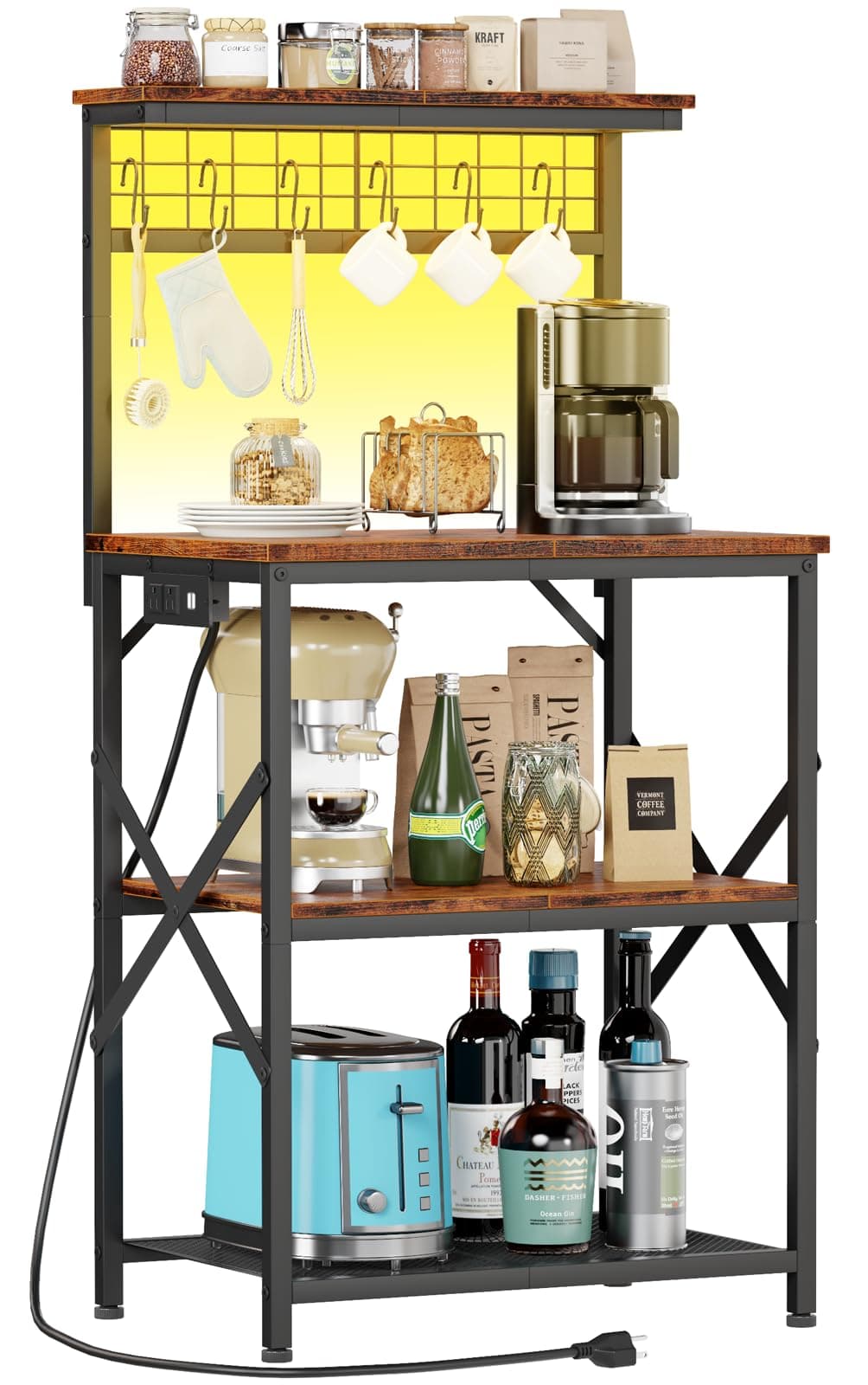 Furologee Rustic Brown Bakers Rack with Power & LED Light, 4 Tier Spices & Pot Storage