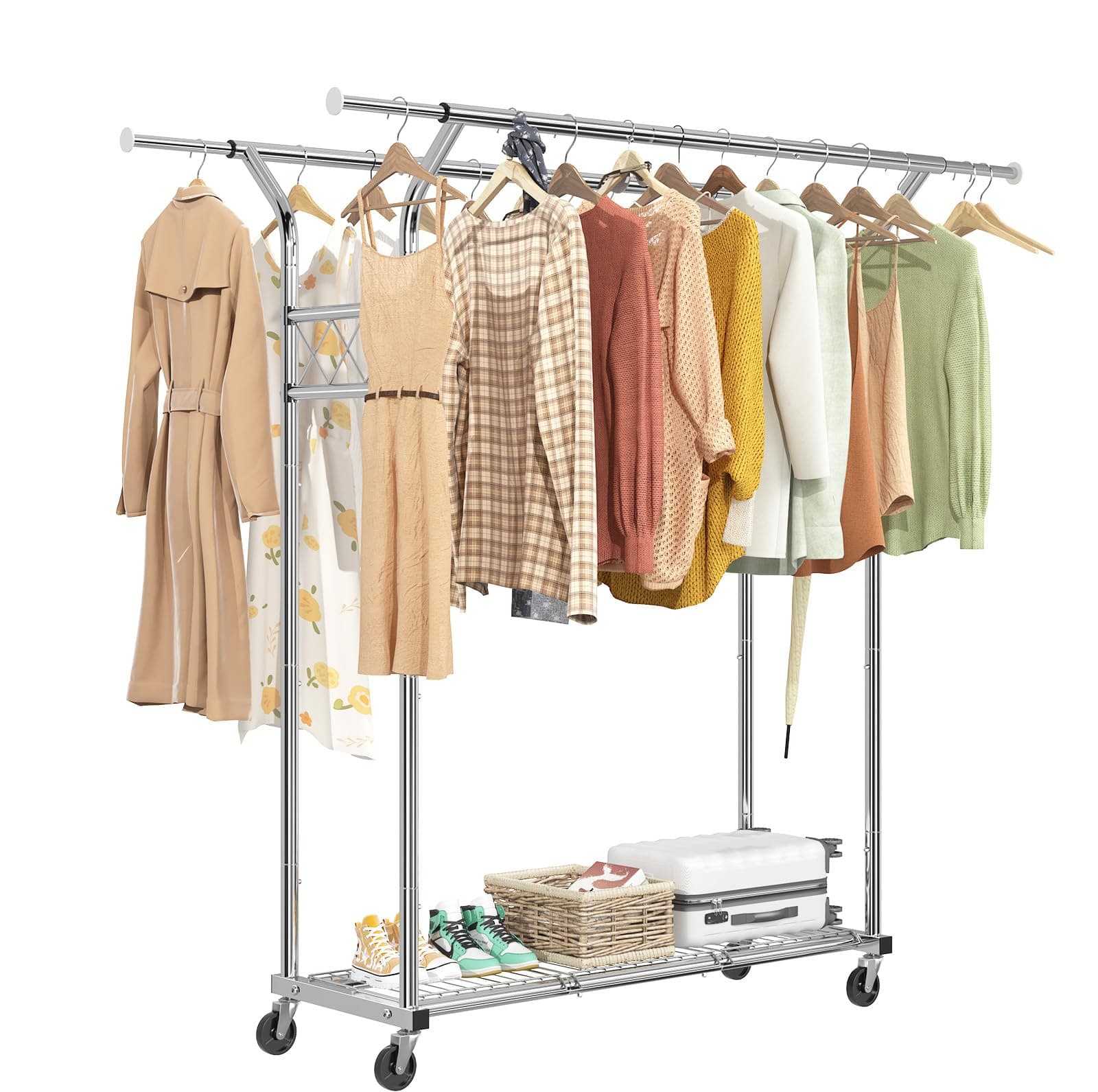 Heavy Duty Rolling Clothes Rack 400 LBS, Standing Metal Garment Rack with Shelves & Sturdy Wheels