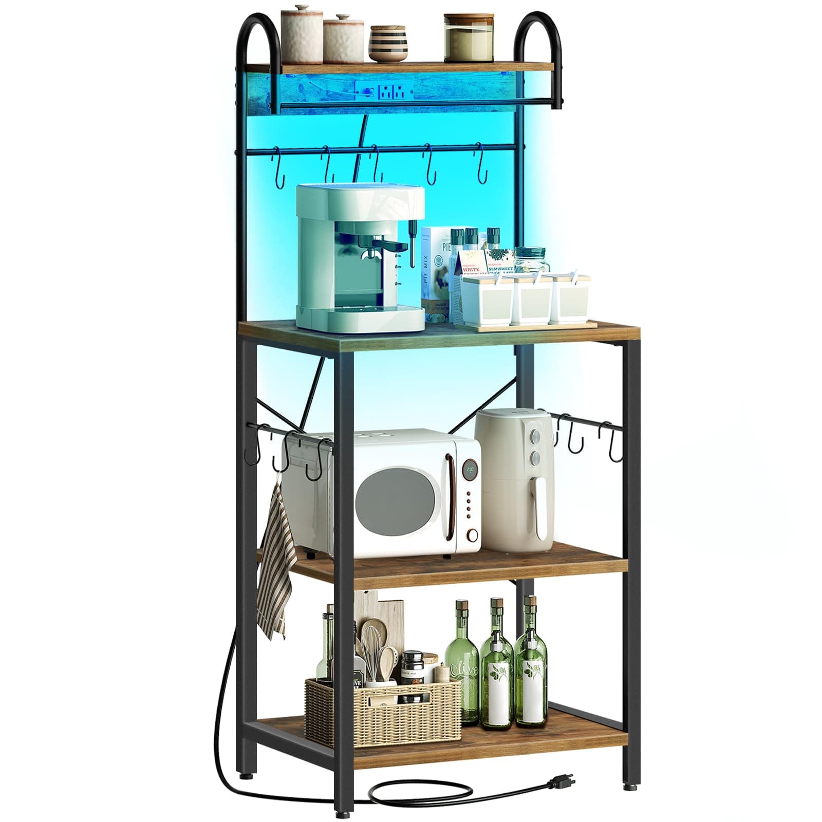 Microwave Stand with Power Outlets, LED Lights, 4-Tier Rack, Kitchen Storage, HB20BR Brown
