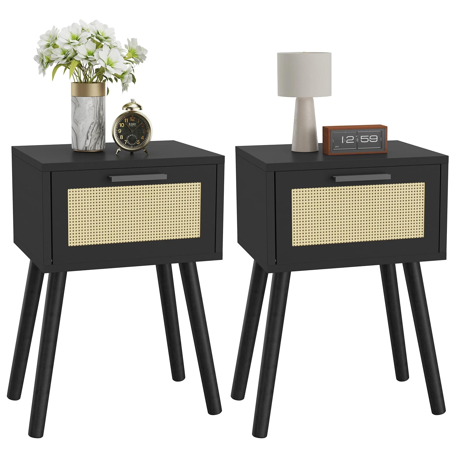 Modern Black Handmade Rattan Nightstand Set, Solid Wood Legs, Drawers for Bedroom and Small Spaces UHST010B-2