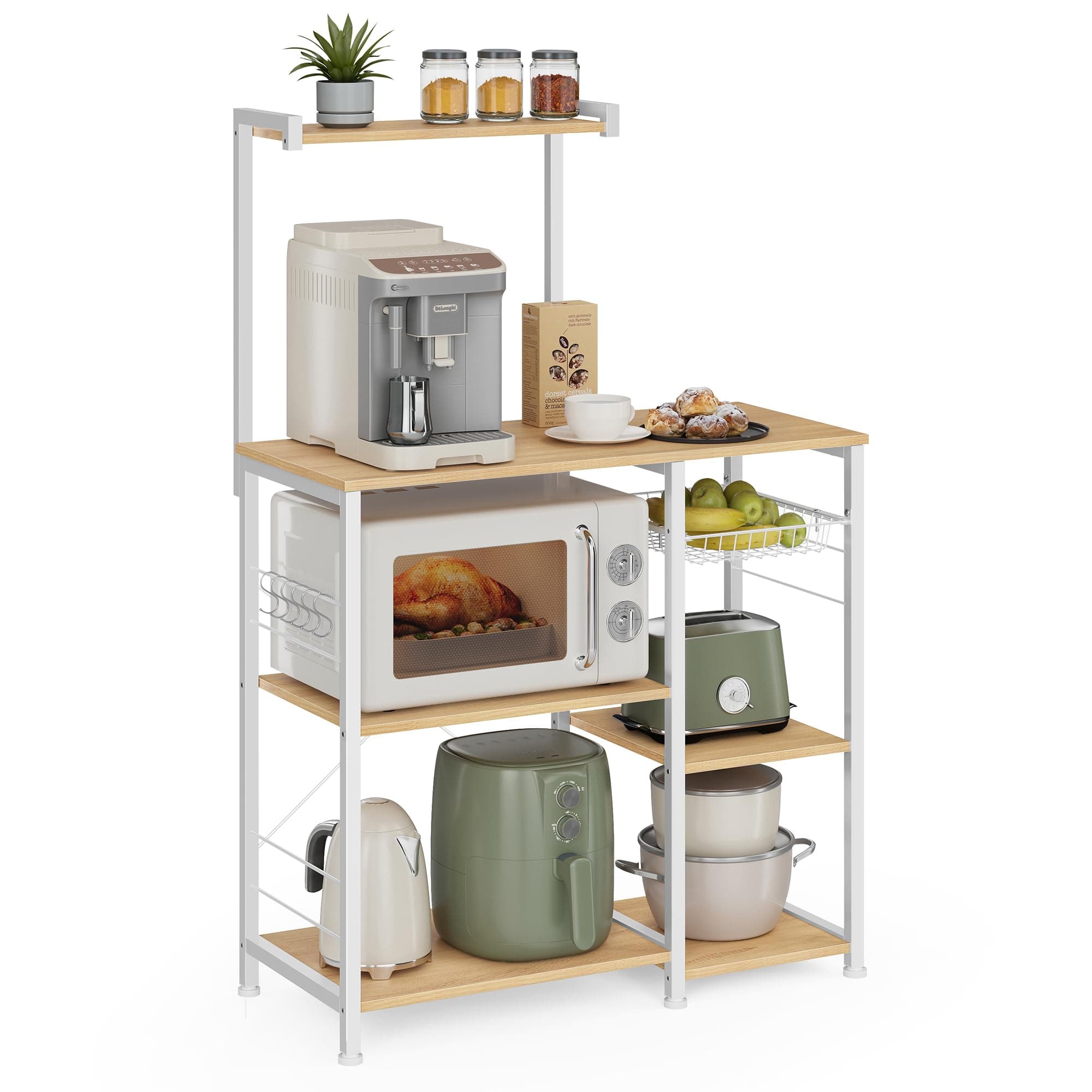 Kitchen Storage Rack with Wire Basket, 6 Hooks, and Shelves
