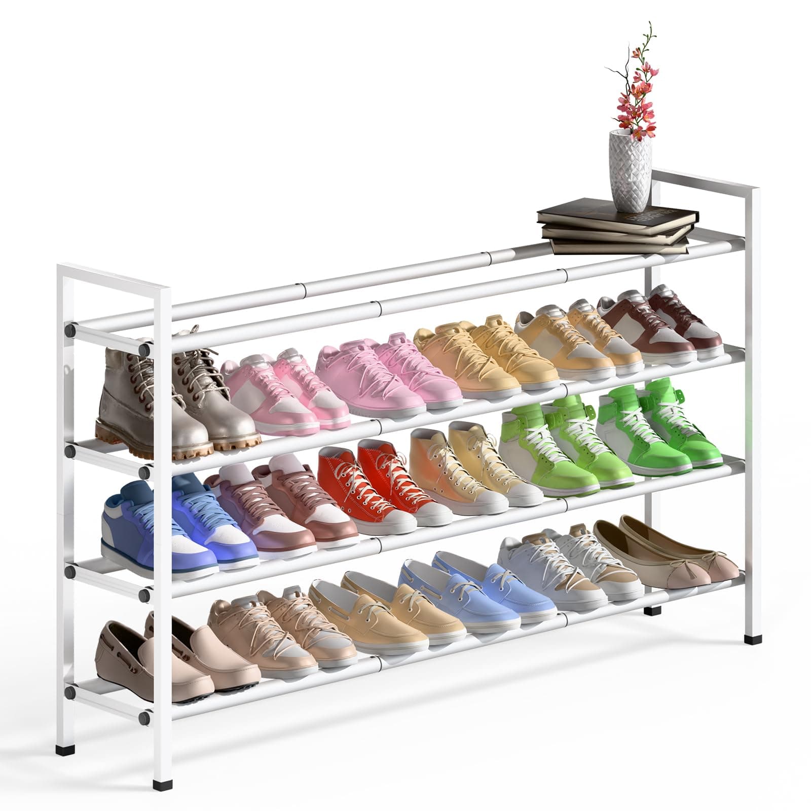 Sturdy White Metal 4-Tier 18"-44" Adjustable Shoe Rack, Stores 20-24 Pairs