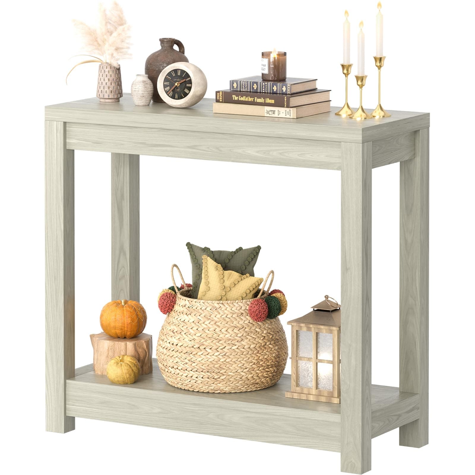 Classical Washed Oak Narrow Entryway Table with Storage, Easy Assembly, 32"