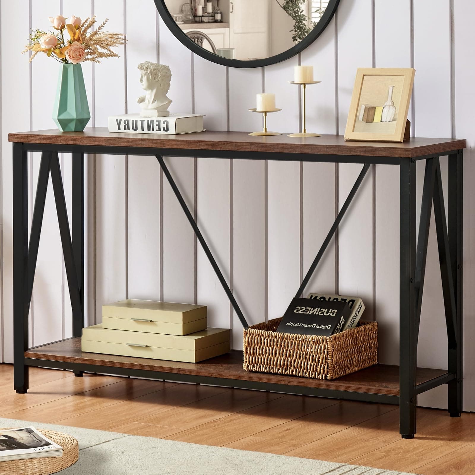 HOMISSUE Rustic Brown Sofa Console Table with Open Shelves (47 Inch)