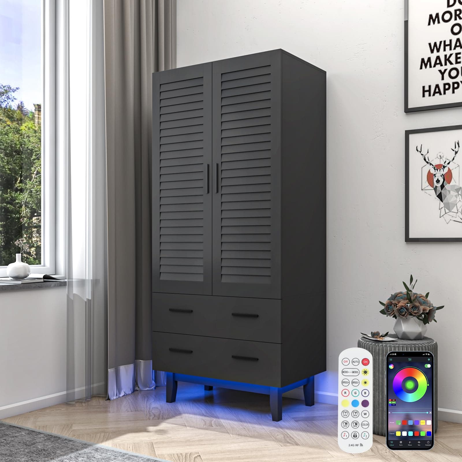 Black 2 Door Armoire Wardrobe with Drawers & LED Lights