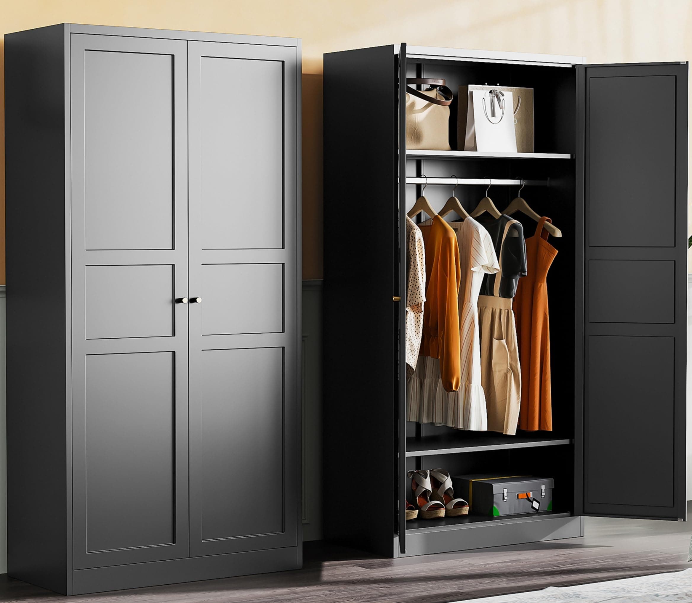SISESOL Black Metal Wardrobe Closet with Adjustable Shelves