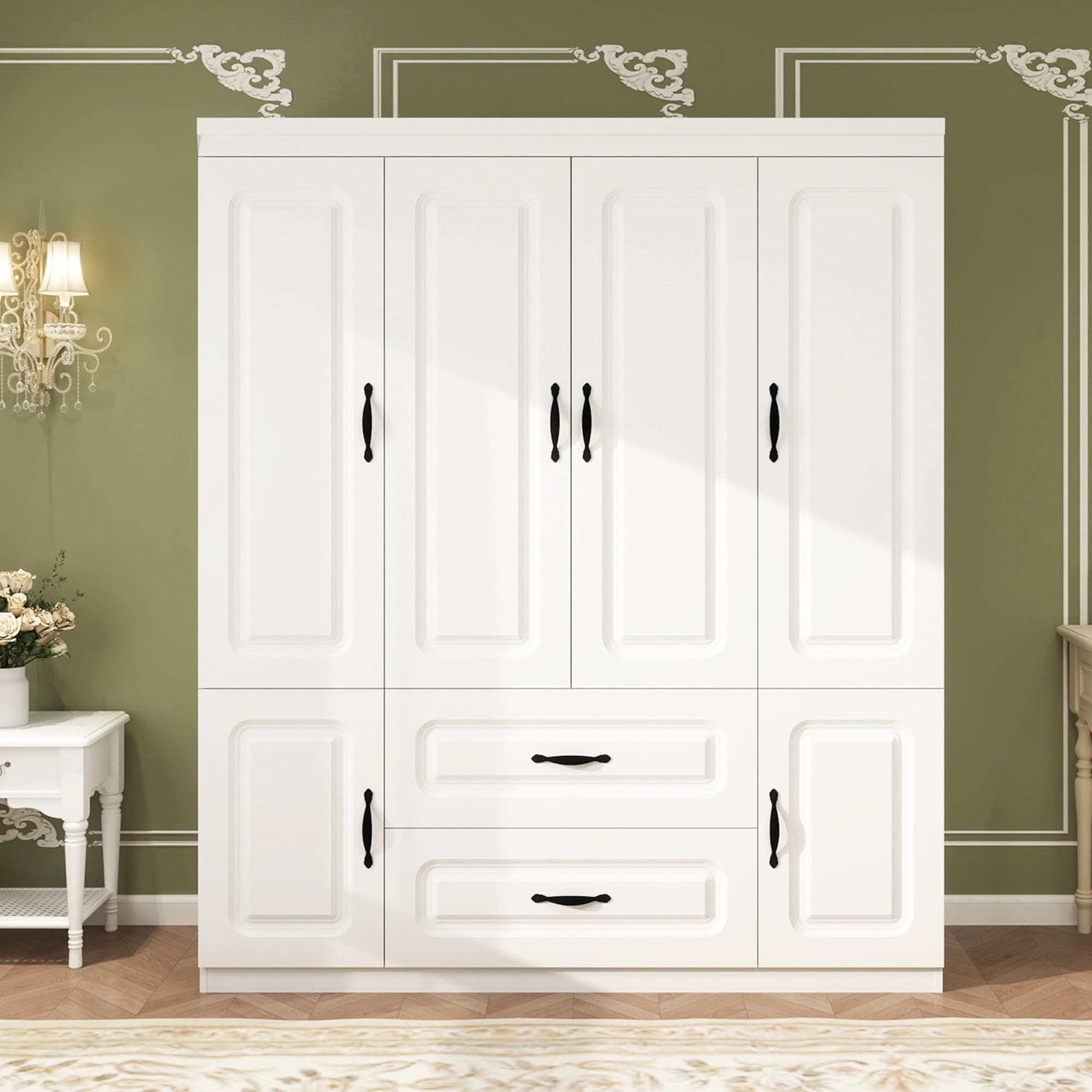 White Large Wood Armoire Wardrobe with 4 Doors 2 Drawers Shelves Hanging Rails