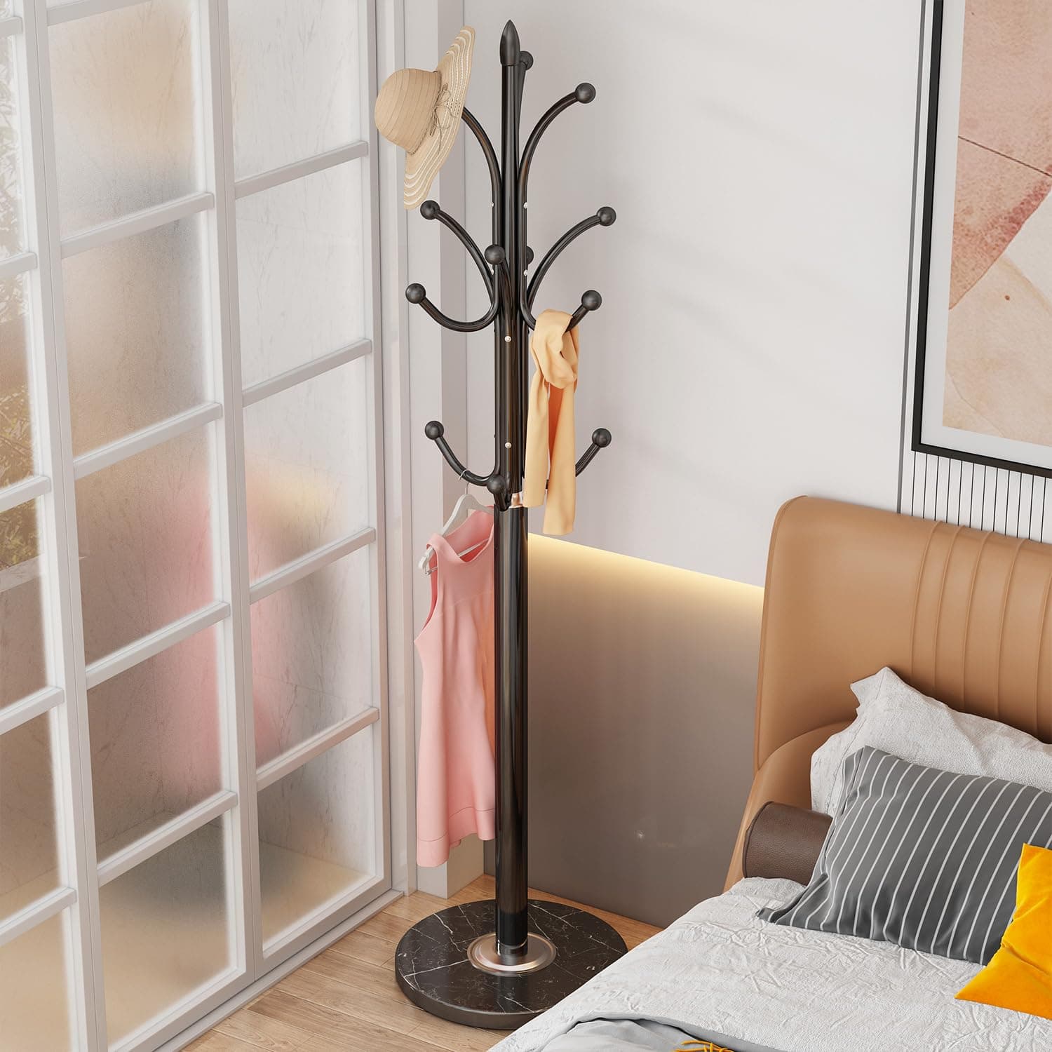 Black Freestanding Metal Coat Rack with 12 Hooks & Natural Marble Base