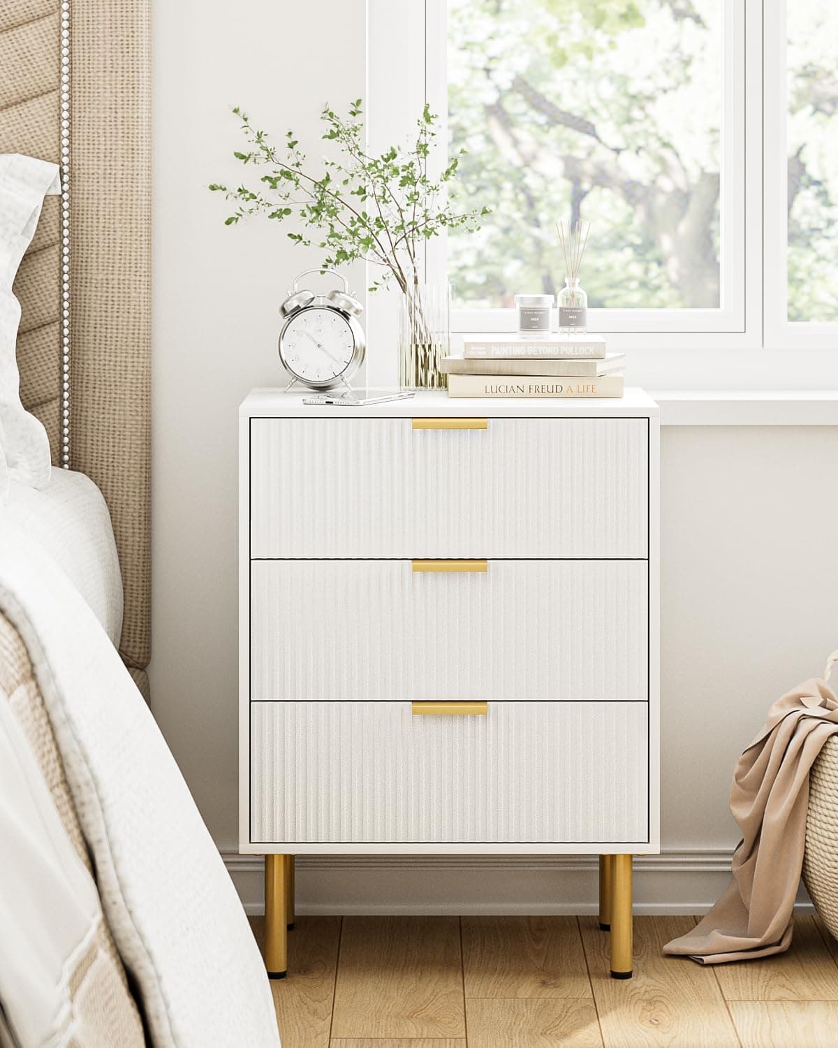 Modern White Nightstand with 3 Drawers & Gold Frame