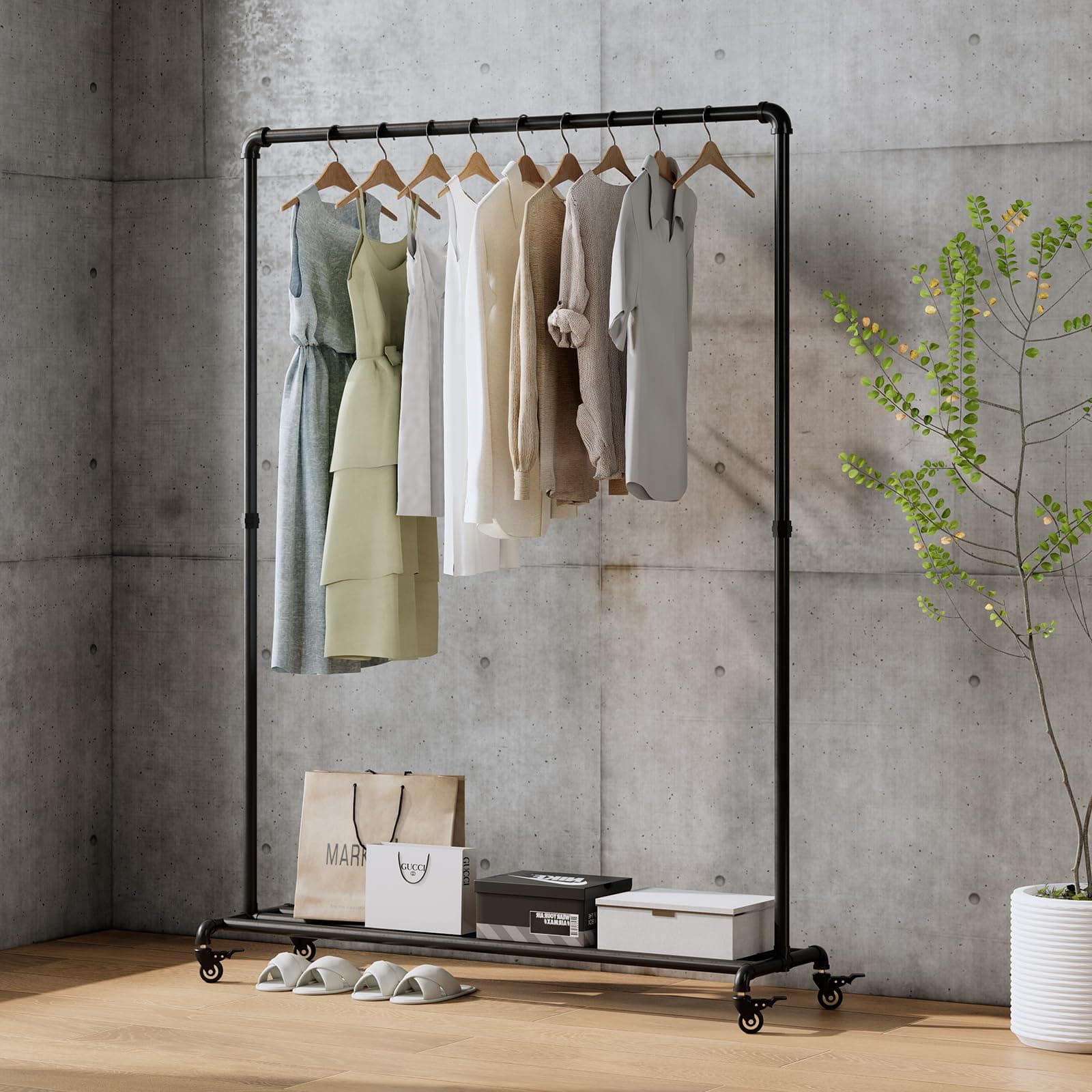 Heavy Duty Black Industrial Pipe Clothing Rack with Bottom Shelf