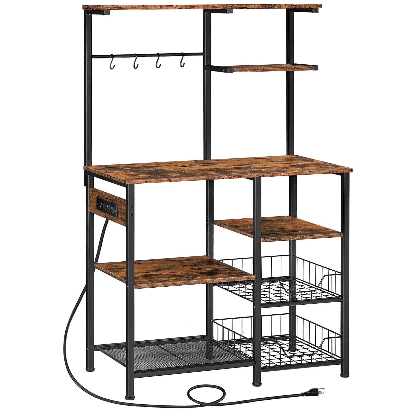 Rustic Brown & Black HOOBRO 6-Tier Bakers Rack with Power Outlets & Wire Basket
