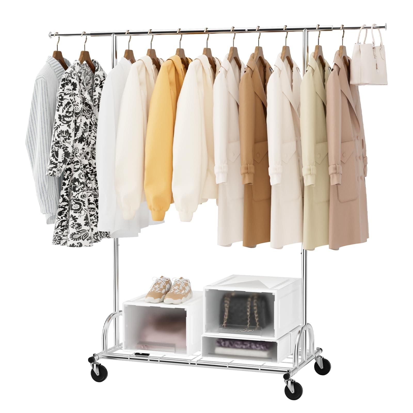 Sturdy 176lbs Capacity Collapsible Metal Rolling Clothes Rack, SilverChrome