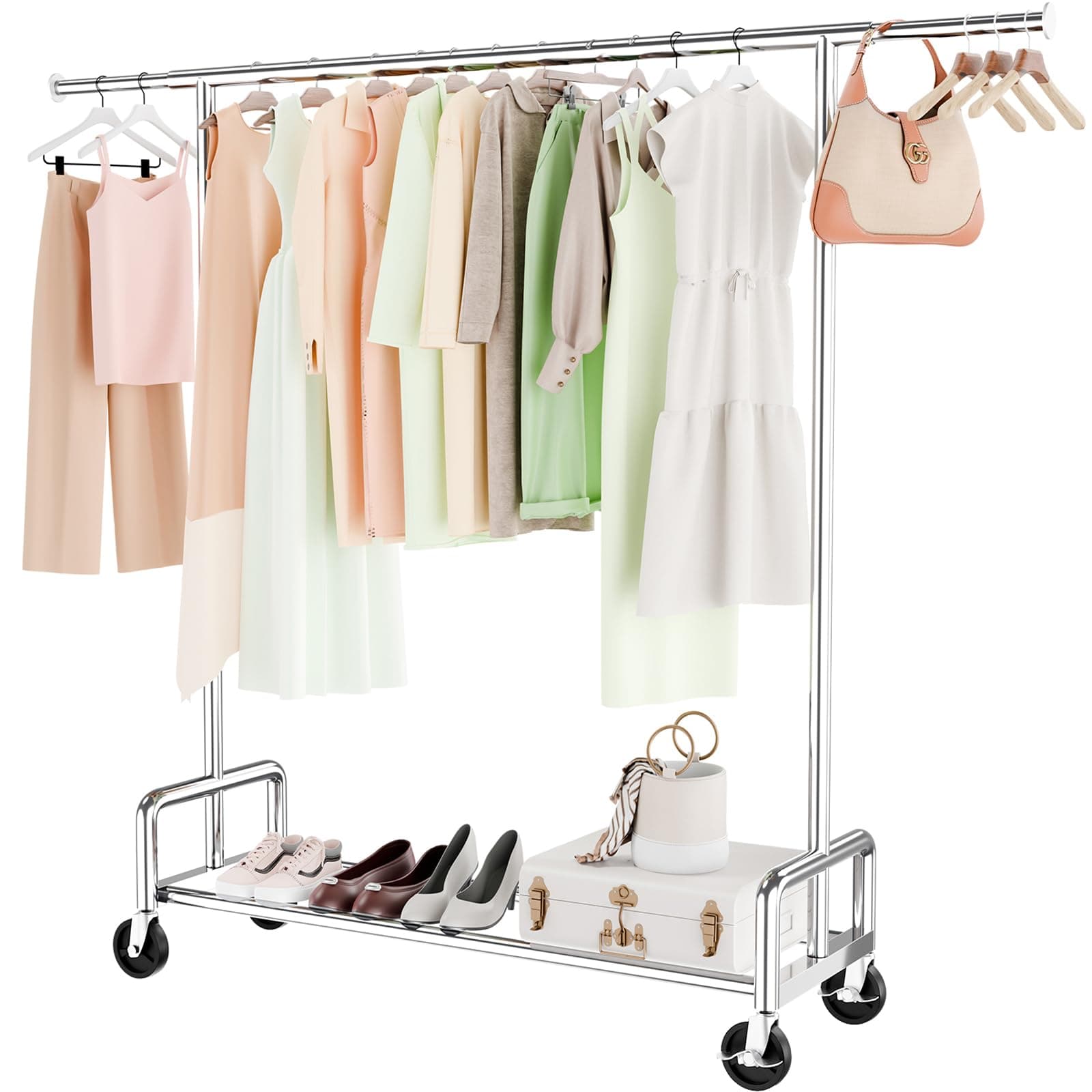 Heavy Duty Metal Clothing Rack with Wheels, Chrome, 500 LBS Load Capacity