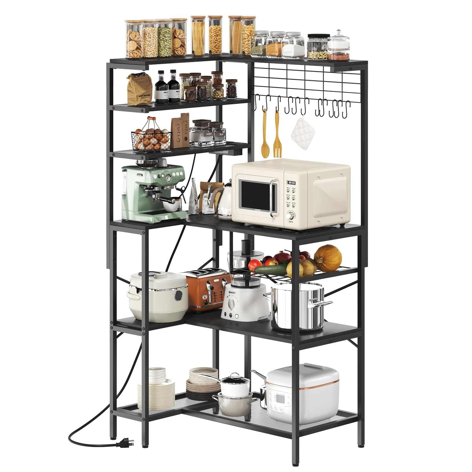 Black L-Shaped Bakers Rack with Power Outlet & Mesh Grid