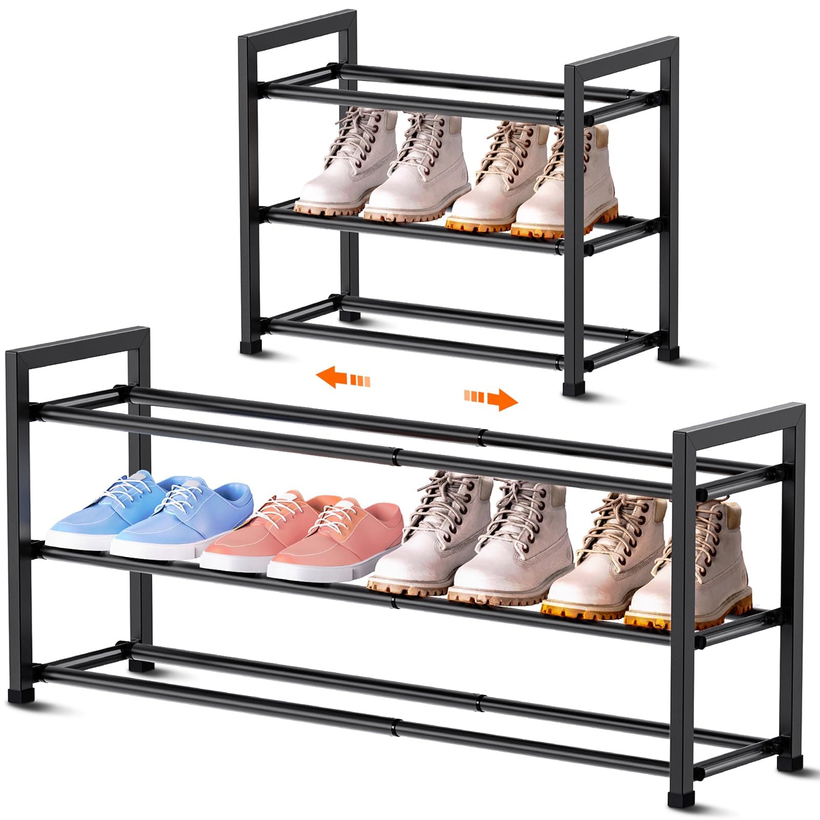 Sturdy 3-Tier Black Metal Shoe Rack for Closet and Front Door