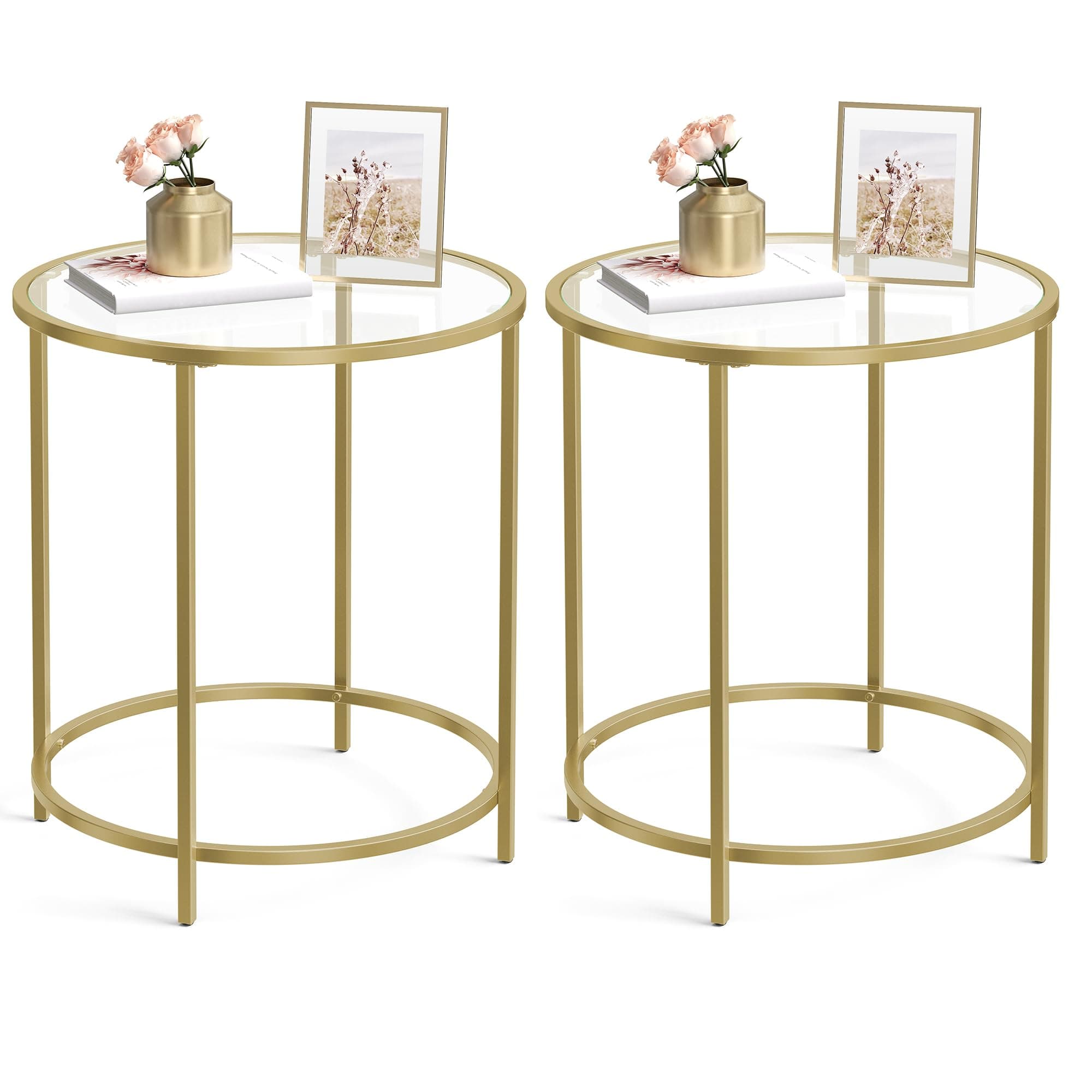 VASAGLE Gold Round Side Table Set, Glass Top Metal Frame, Modern Living Room Furniture