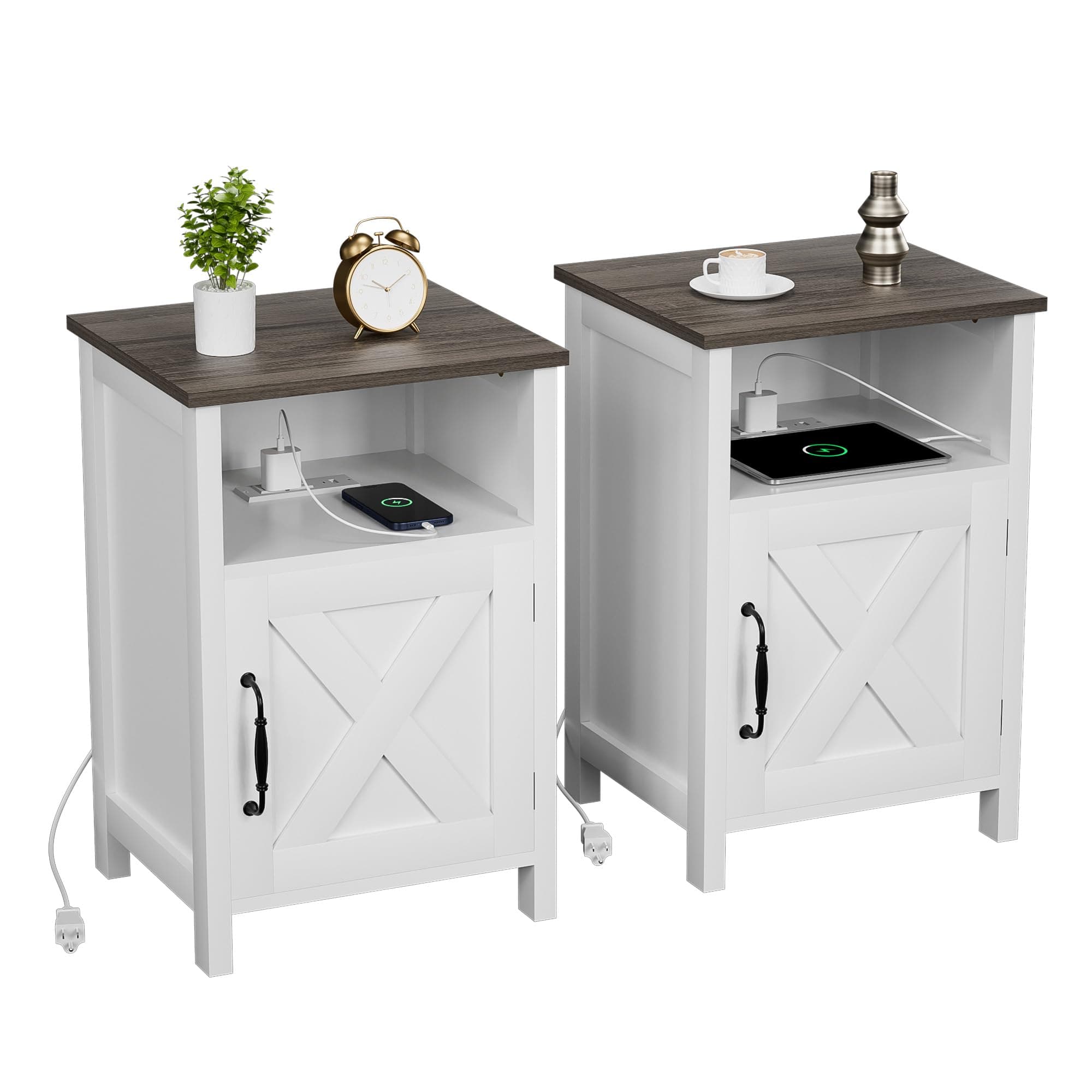Farmhouse Nightstand with Charging Station, Set of 2 White Side Tables