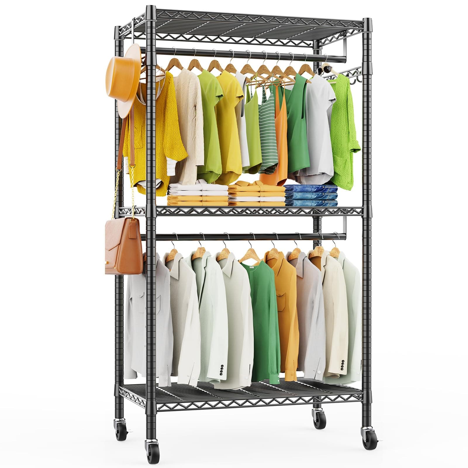 LEHOM G1M Heavy Duty 3-Tier Rolling Clothes Rack with Storage