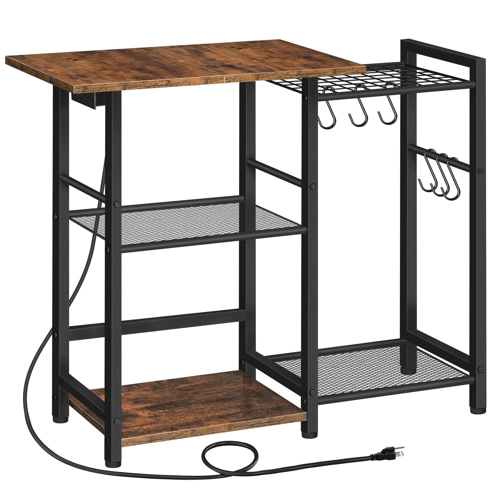 HOOBRO Black & Rustic Bakers Rack with Charging Station, BF15UHB01