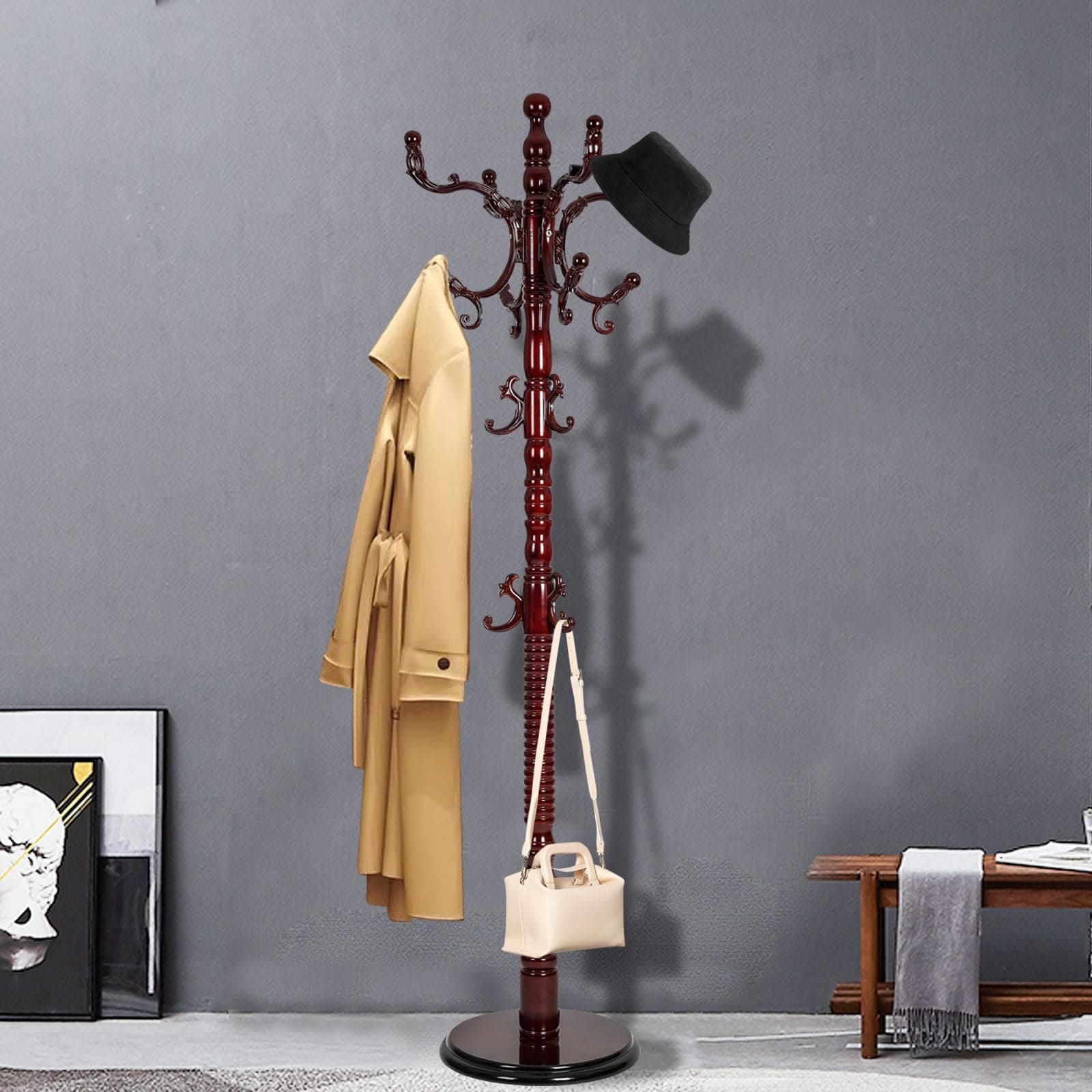 R.Batch Natural Wood Coat Rack with 14 Hooks (Reddish Brown)
