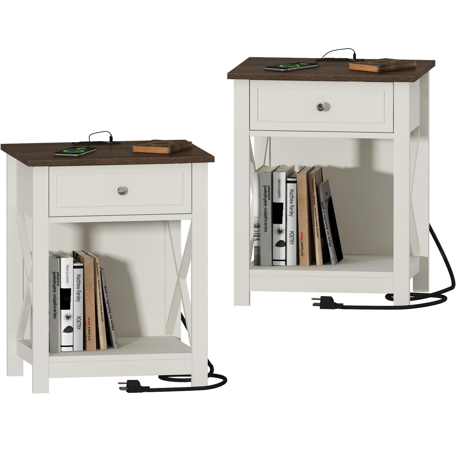 Treocho Farmhouse End Table Set of 2 with Charging Station