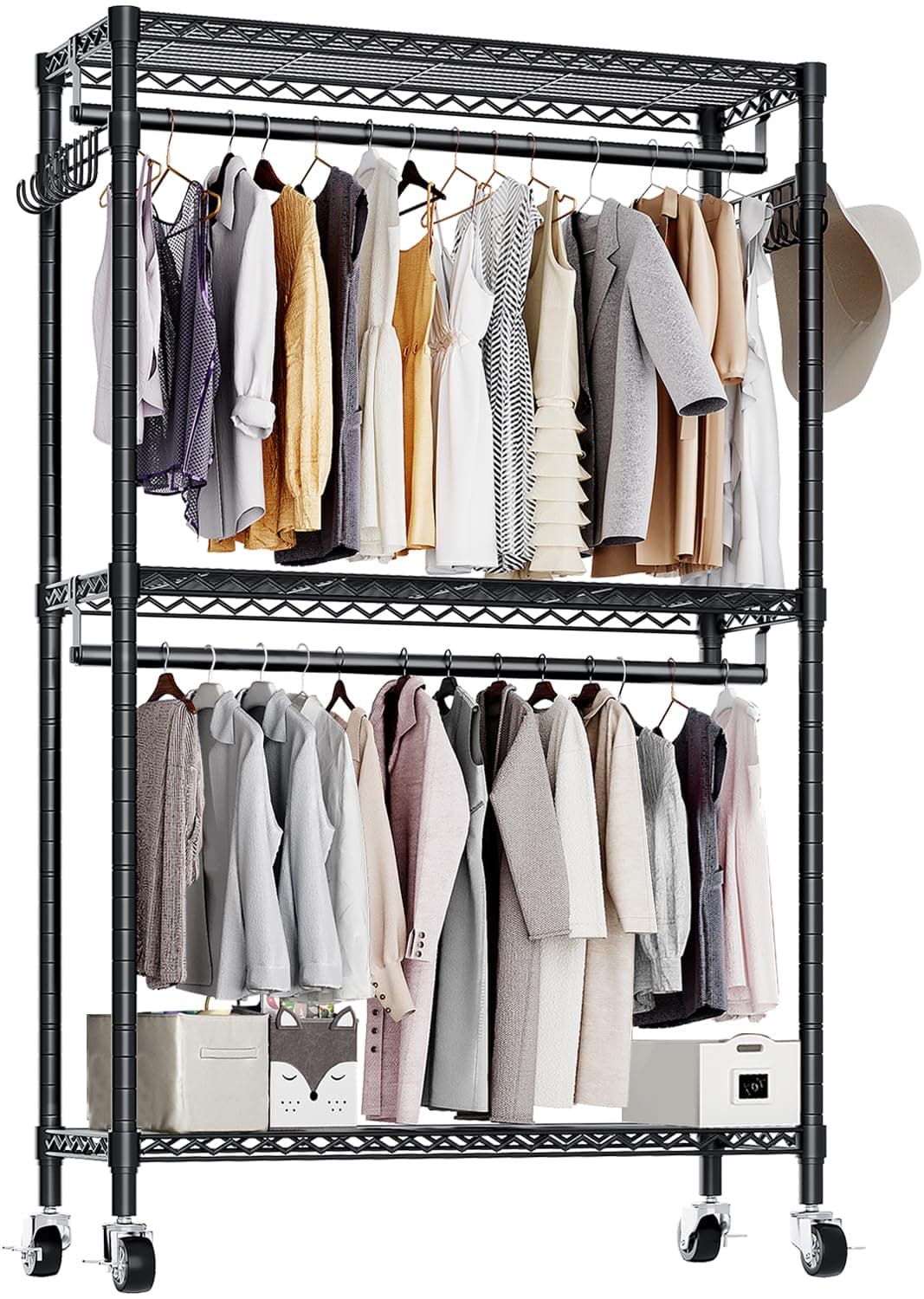 Heavy Duty 3 Tiers Garment Rack with Hanging Rods & Hooks, Black