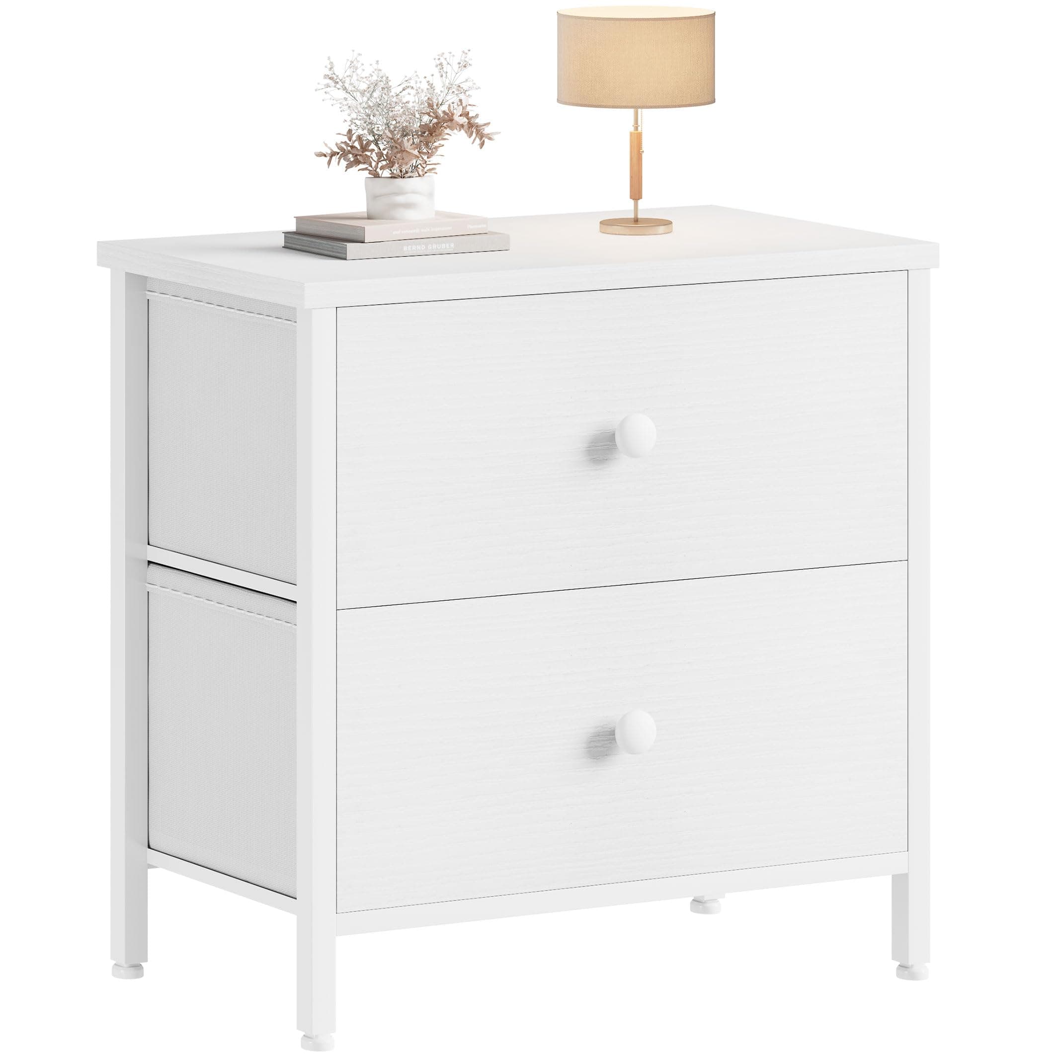 BOLUO White Nightstand with Fabric Drawers for Small Bedrooms